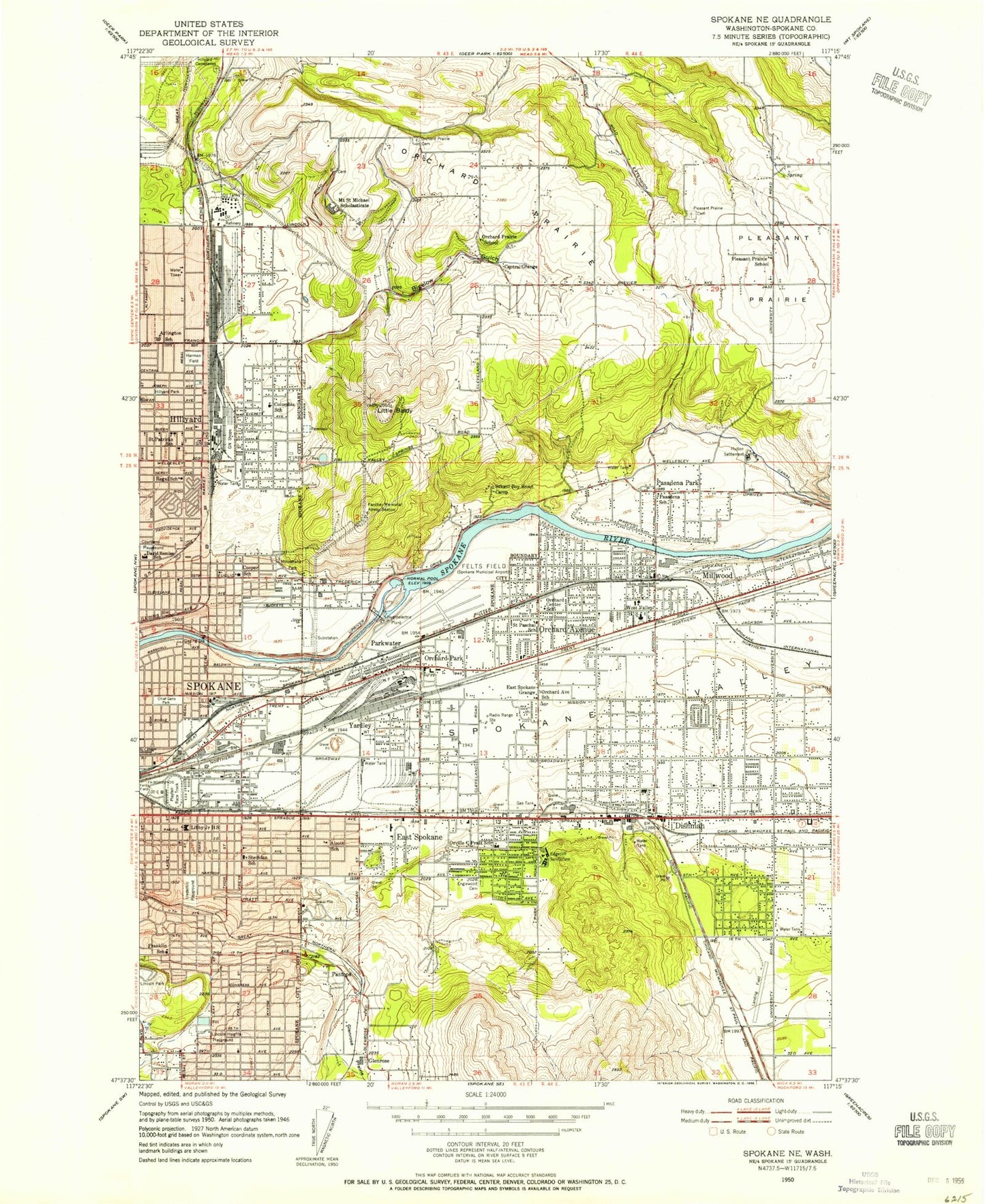 Classic USGS Spokane NE Washington 7.5'x7.5' Topo Map Image