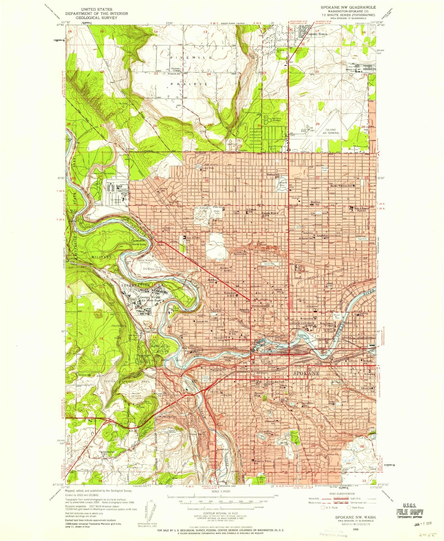 Classic USGS Spokane NW Washington 7.5'x7.5' Topo Map Image