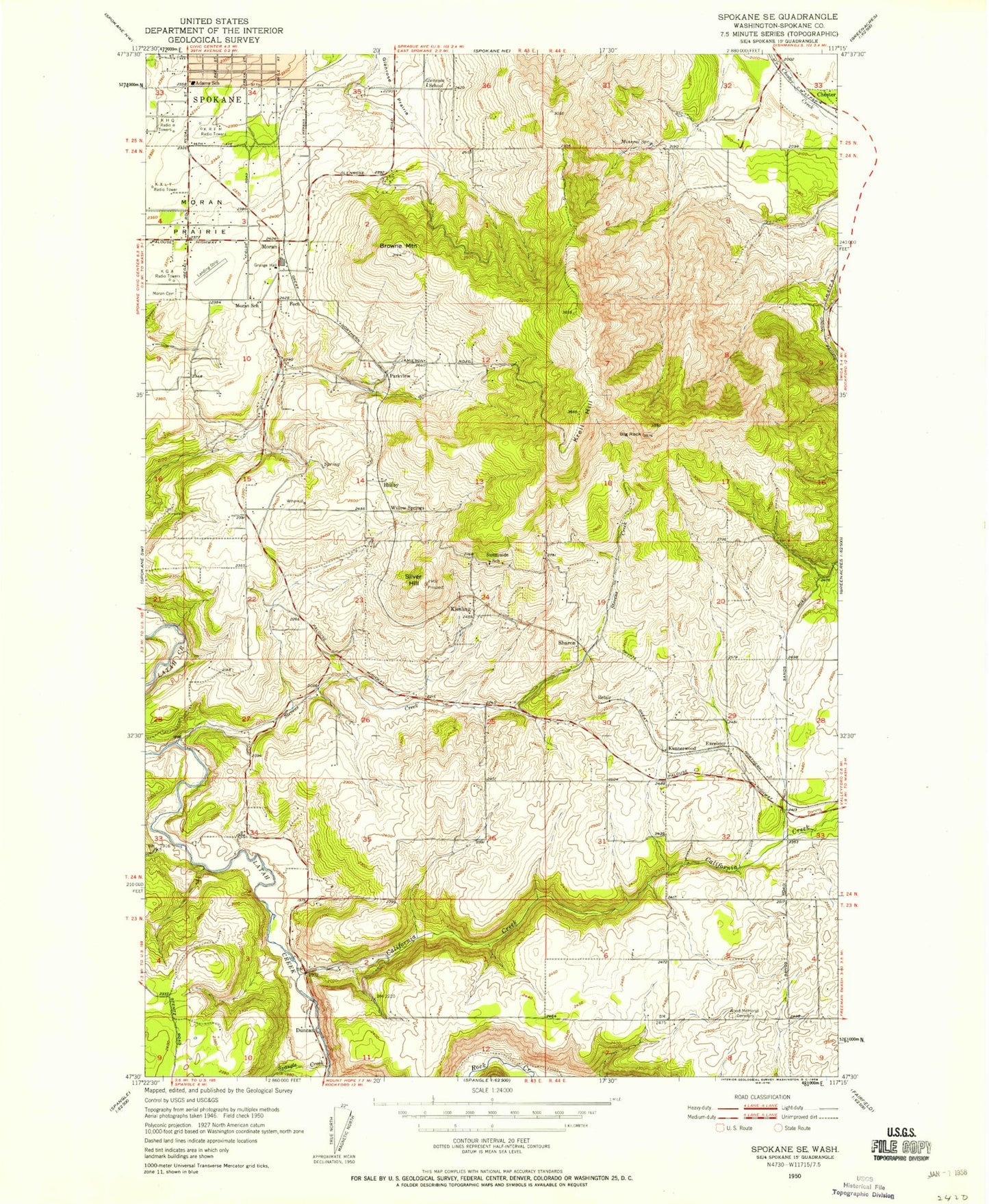 Classic USGS Spokane SE Washington 7.5'x7.5' Topo Map Image