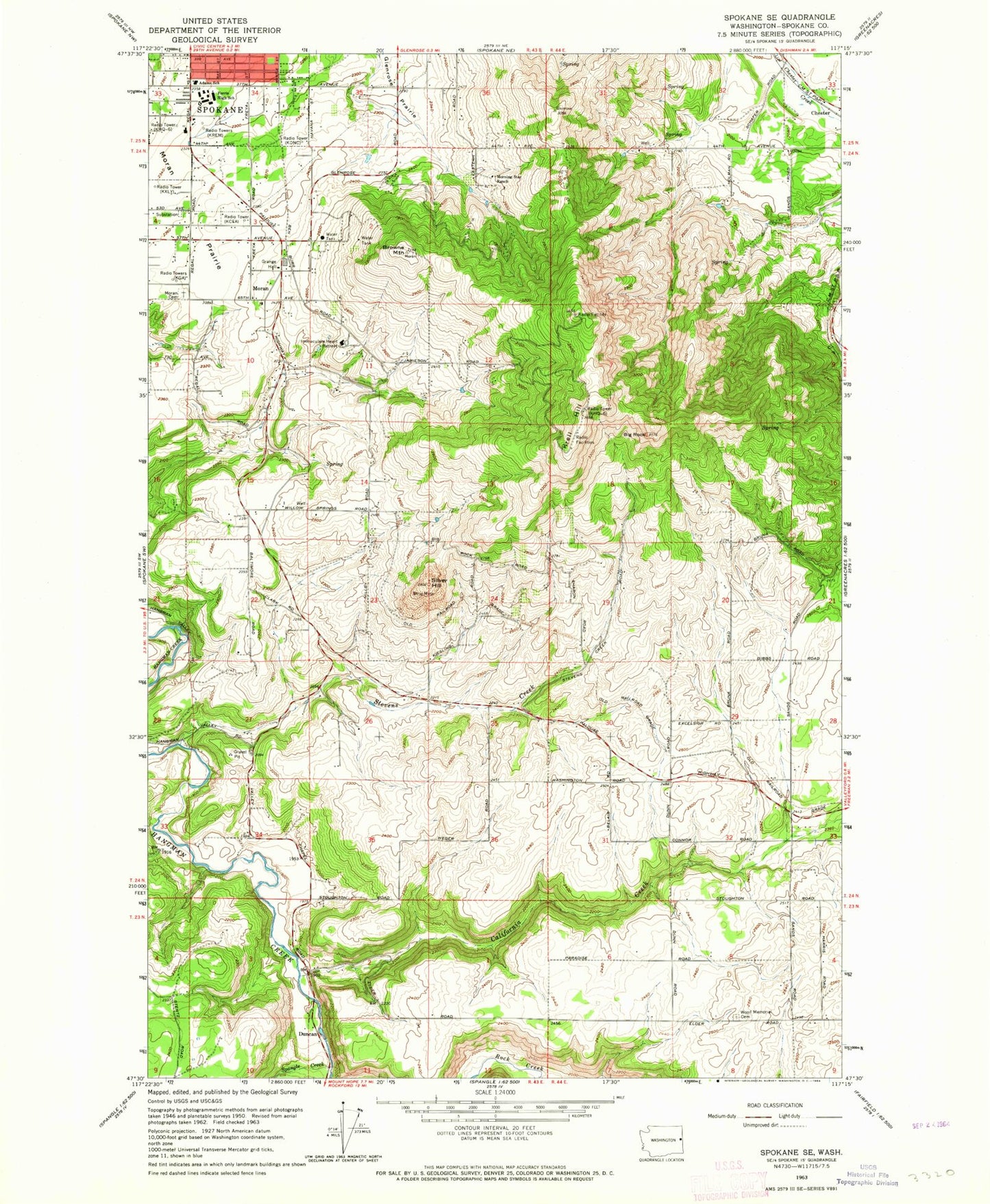 Classic USGS Spokane SE Washington 7.5'x7.5' Topo Map Image