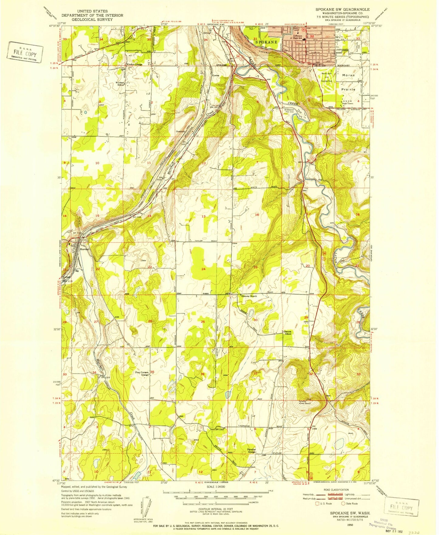 Classic USGS Spokane SW Washington 7.5'x7.5' Topo Map Image