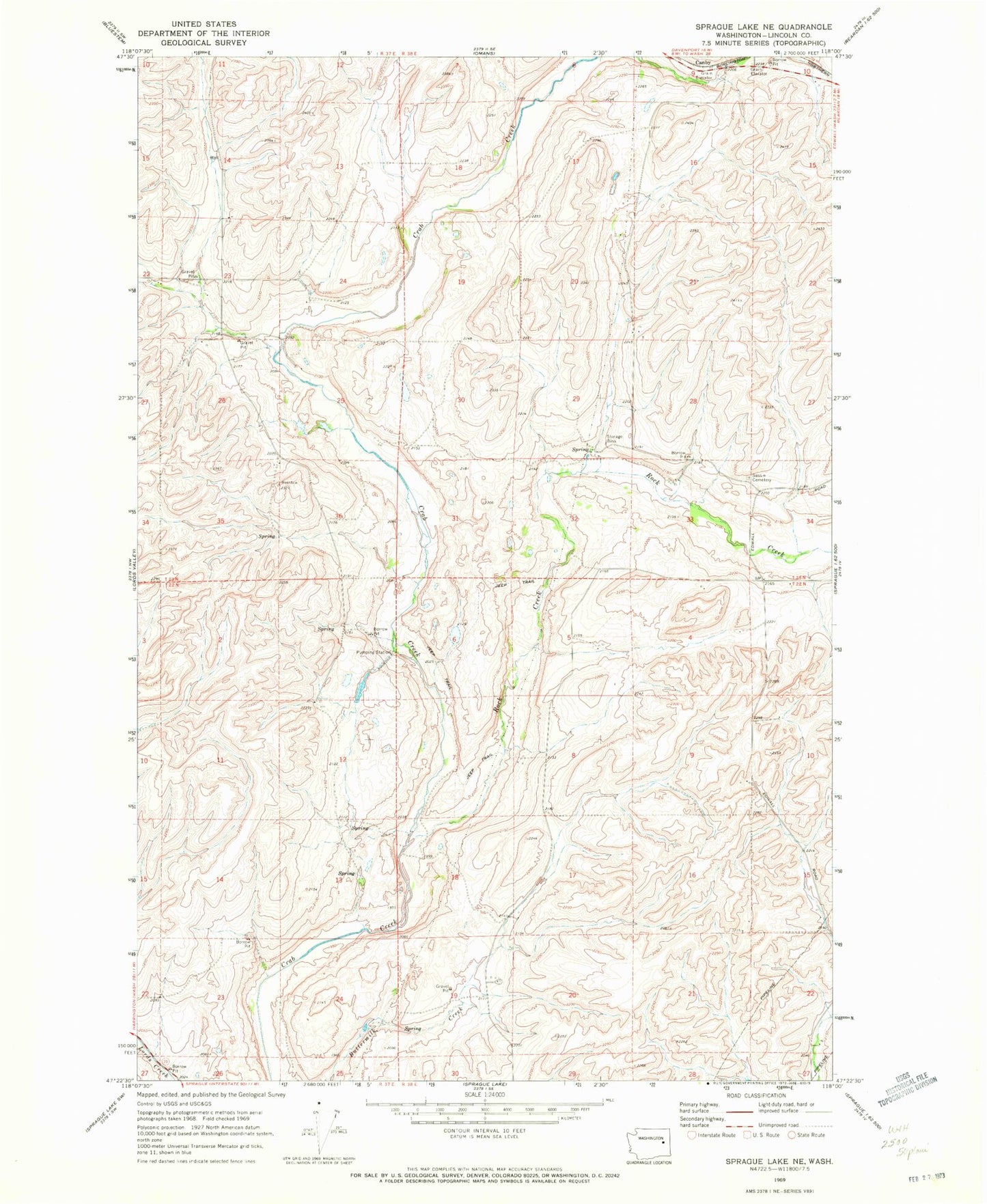 Classic USGS Sprague Lake NE Washington 7.5'x7.5' Topo Map Image
