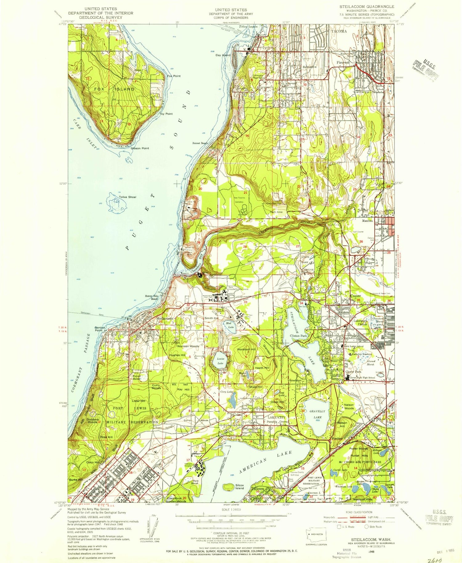 Classic USGS Steilacoom Washington 7.5'x7.5' Topo Map Image