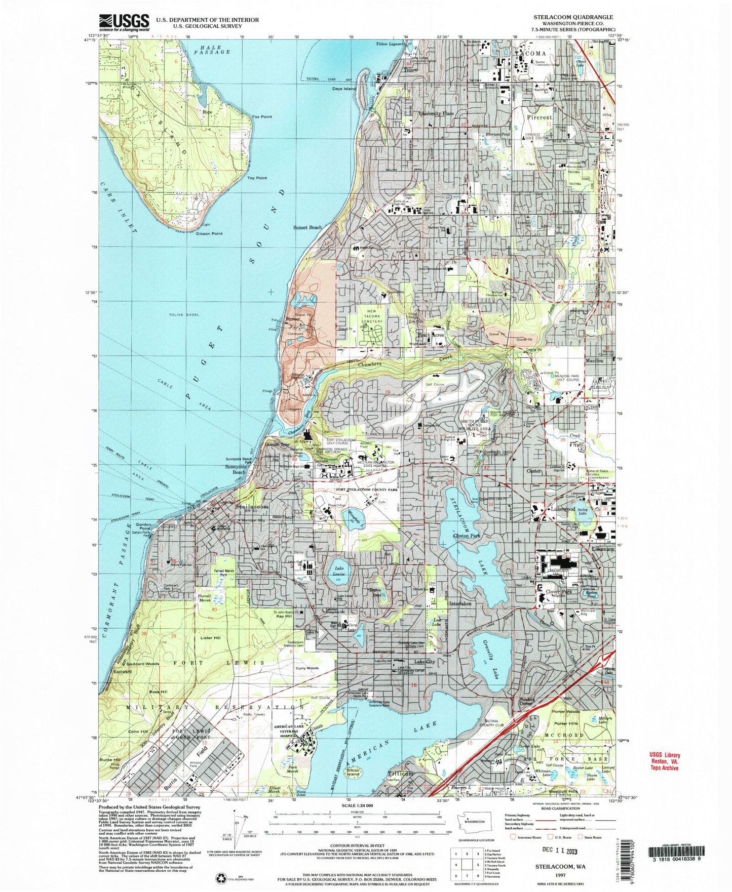 Classic USGS Steilacoom Washington 7.5'x7.5' Topo Map Image