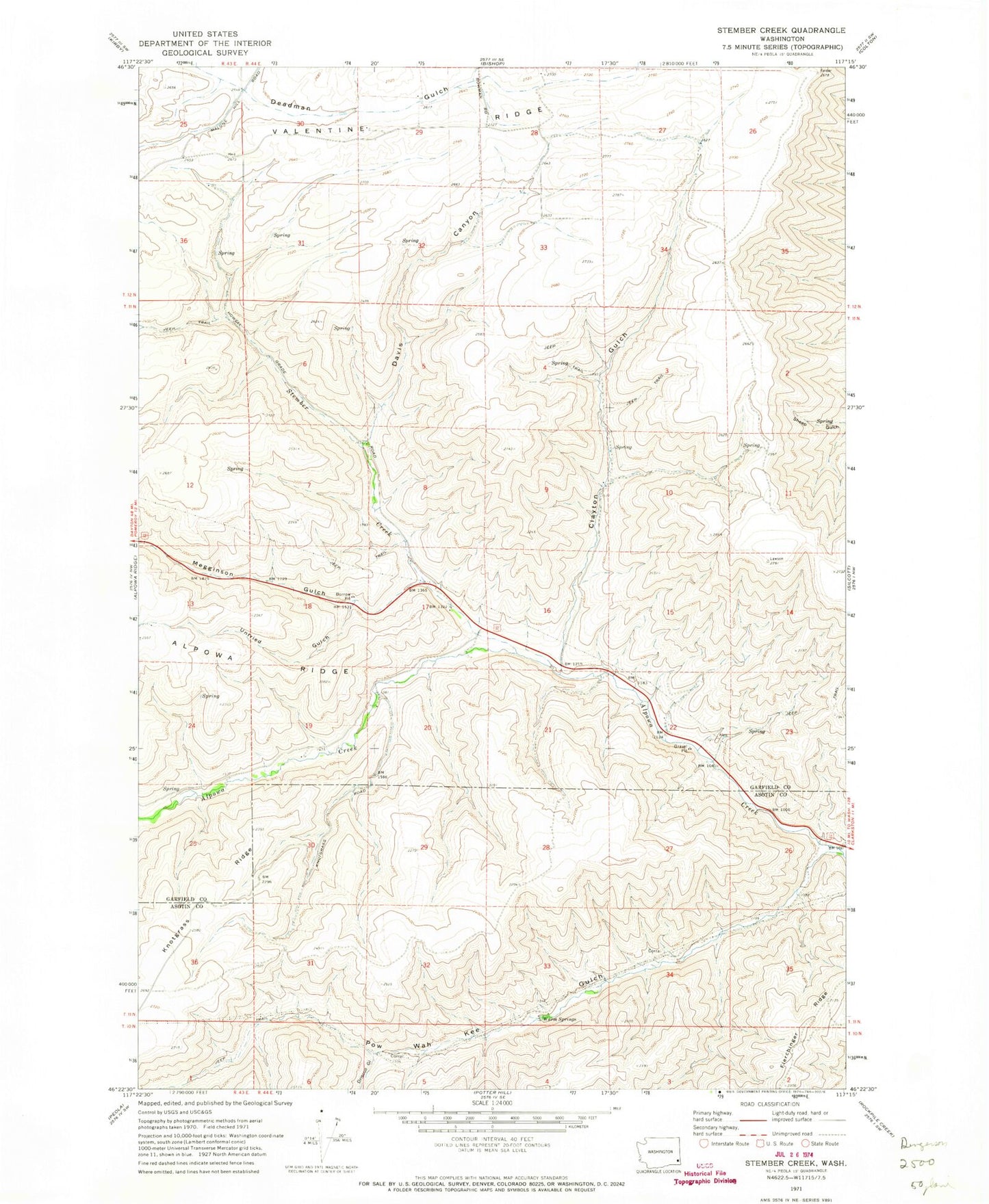 Classic USGS Stember Creek Washington 7.5'x7.5' Topo Map Image