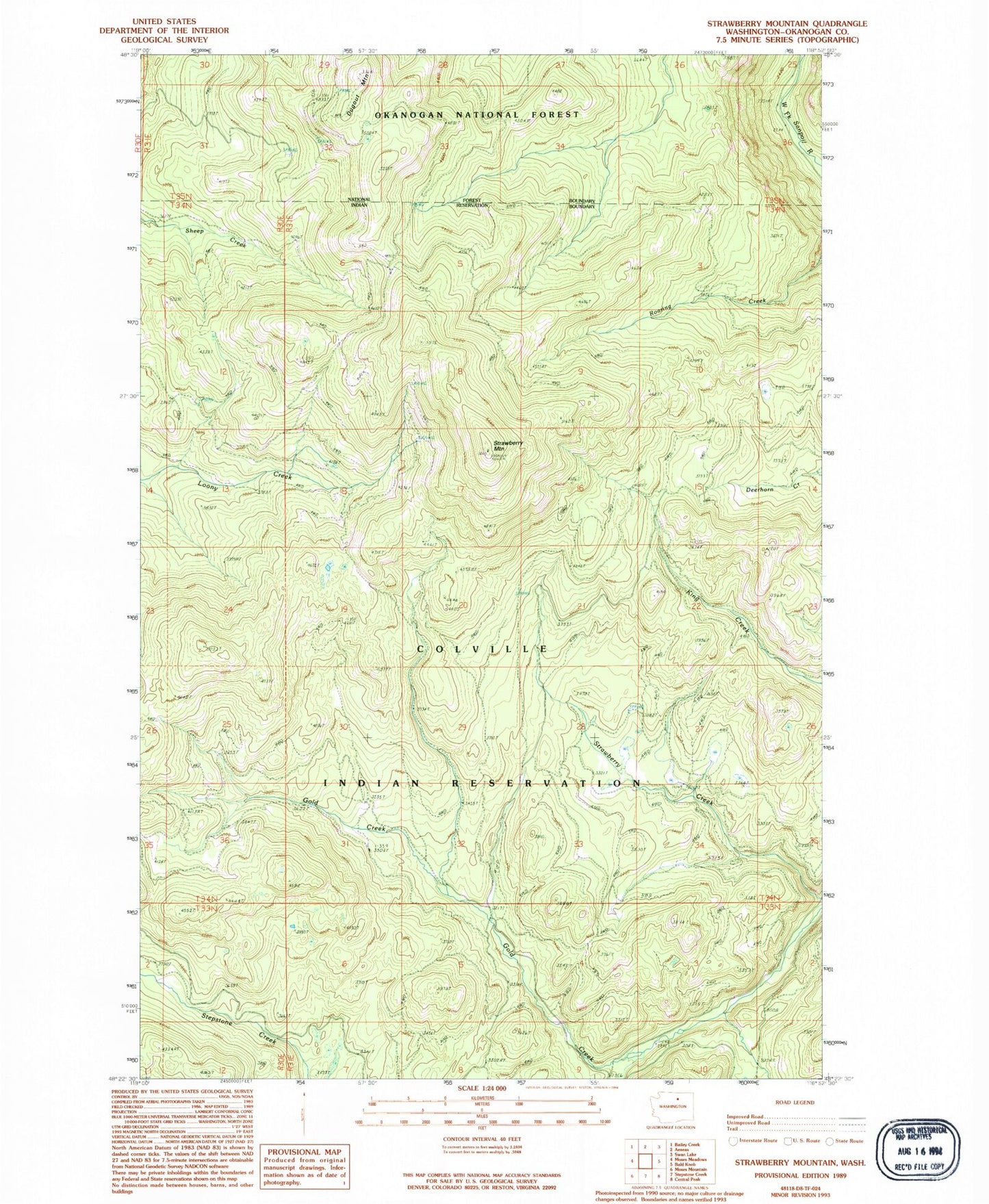Classic USGS Strawberry Mountain Washington 7.5'x7.5' Topo Map Image