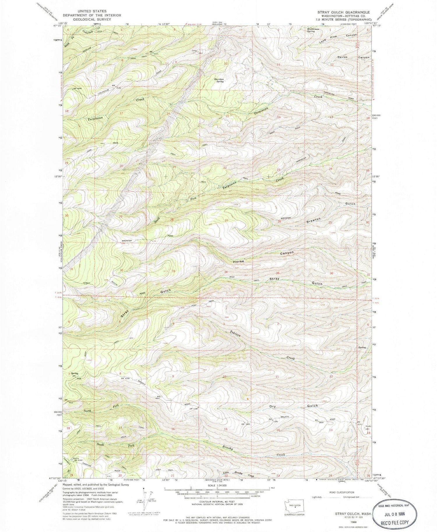 Classic USGS Stray Gulch Washington 7.5'x7.5' Topo Map Image