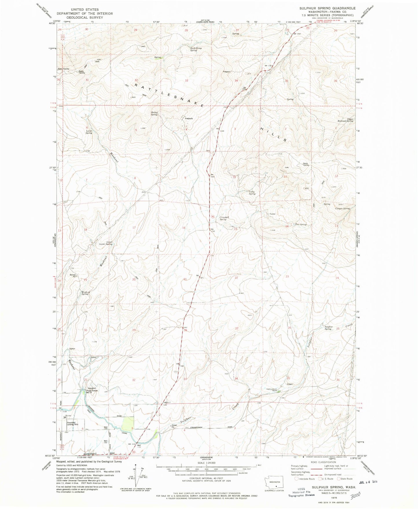 Classic USGS Sulphur Spring Washington 7.5'x7.5' Topo Map Image