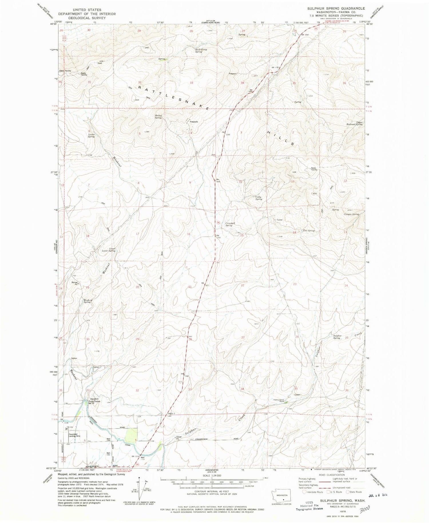 Classic USGS Sulphur Spring Washington 7.5'x7.5' Topo Map Image