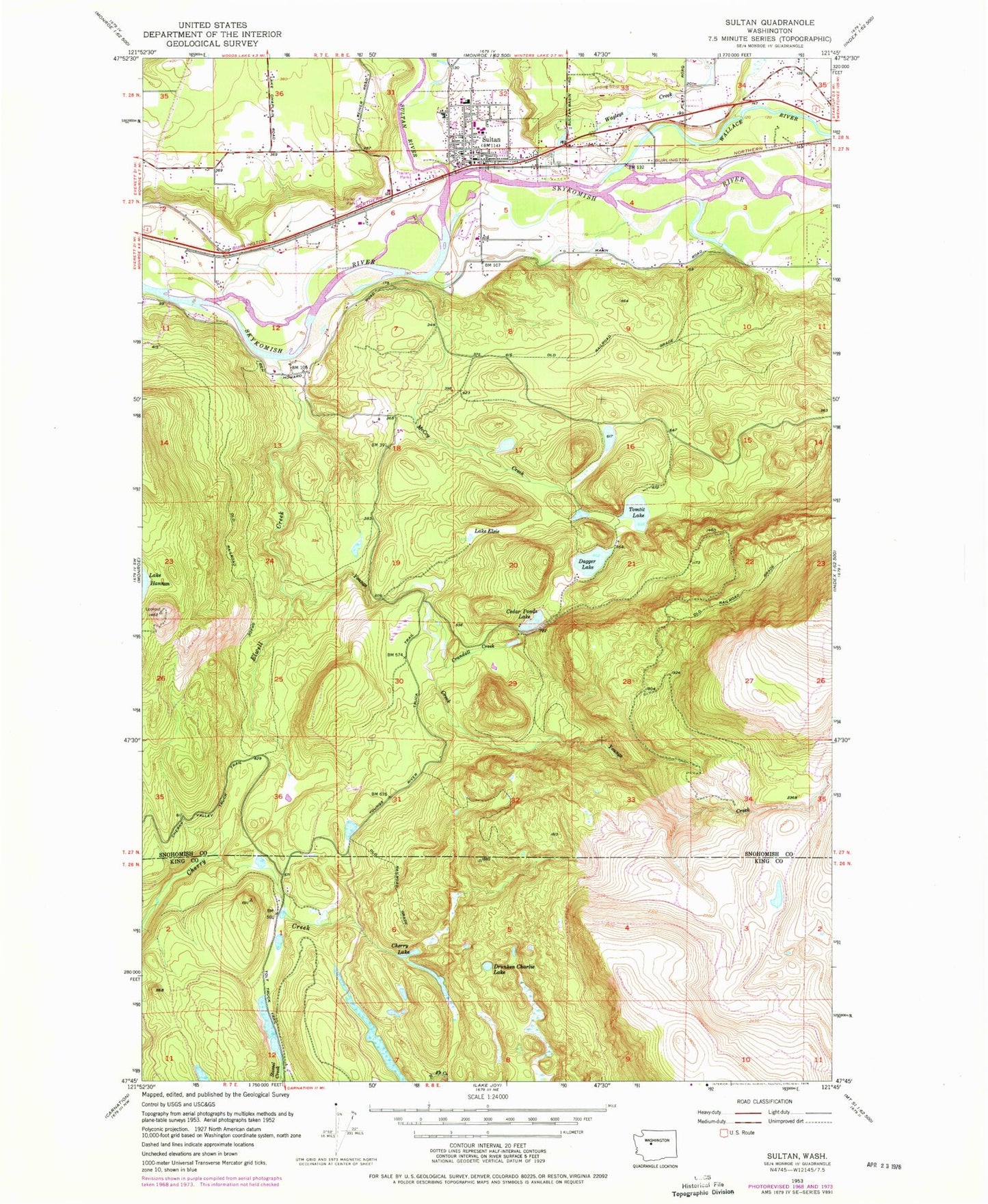 Classic USGS Sultan Washington 7.5'x7.5' Topo Map Image