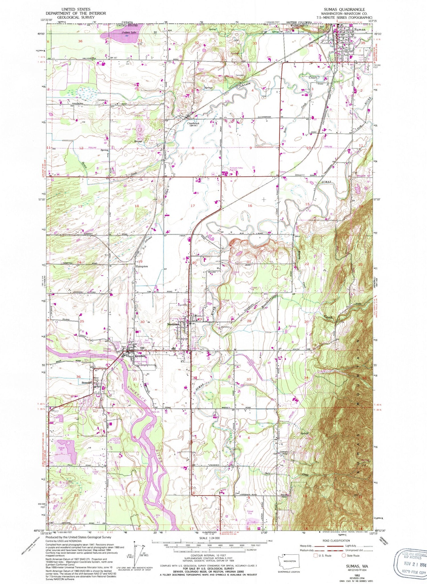Classic USGS Sumas Washington 7.5'x7.5' Topo Map Image