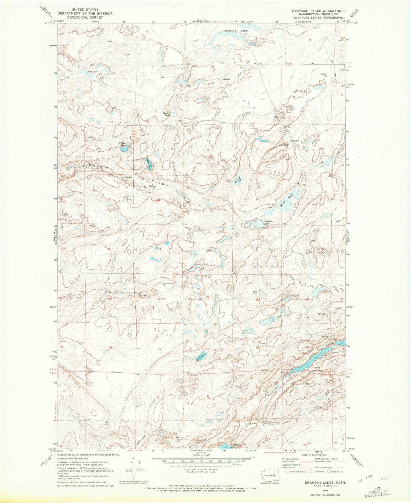 Classic USGS Swanson Lakes Washington 7.5'x7.5' Topo Map Image