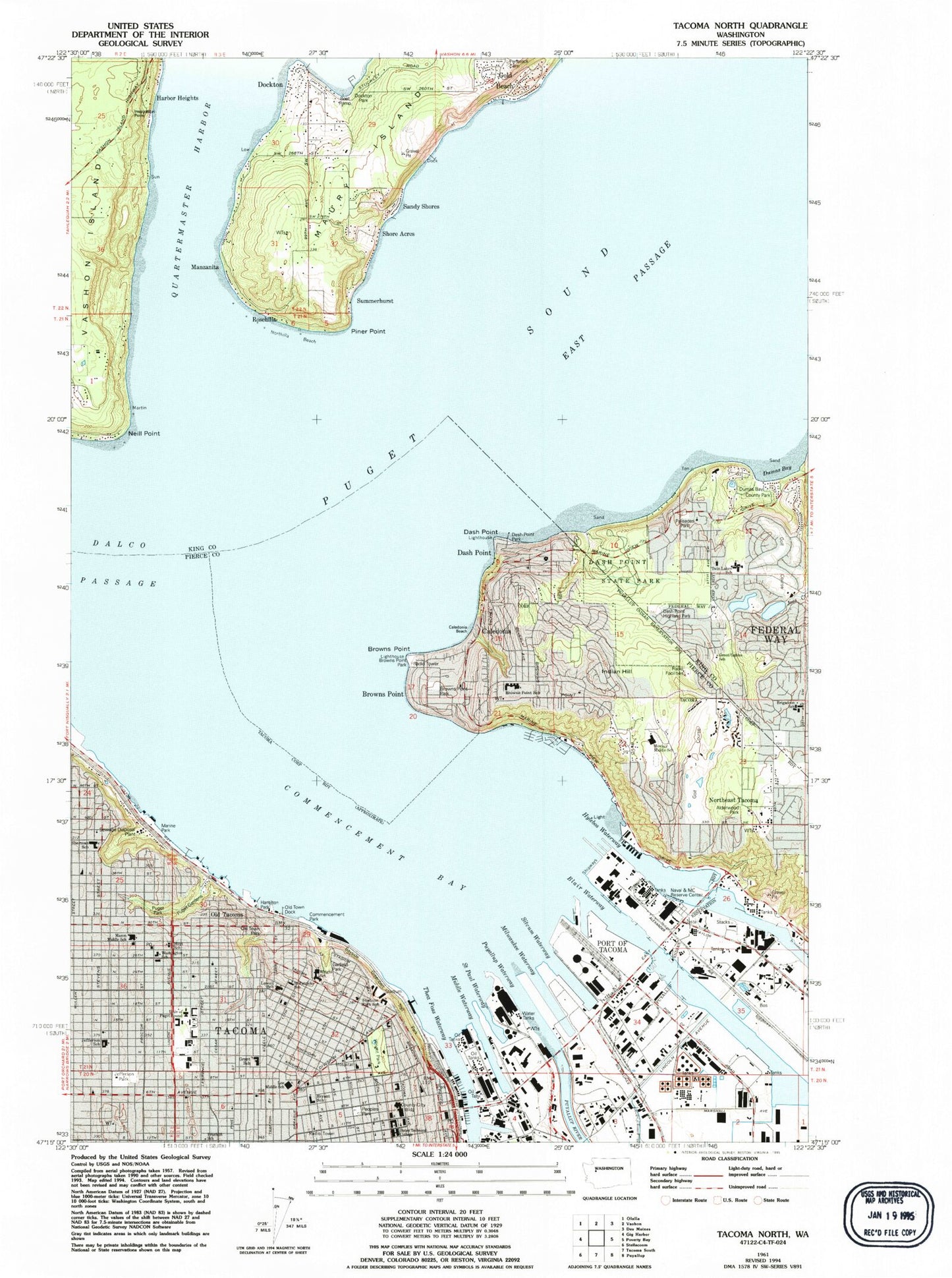 Classic USGS Tacoma North Washington 7.5'x7.5' Topo Map Image