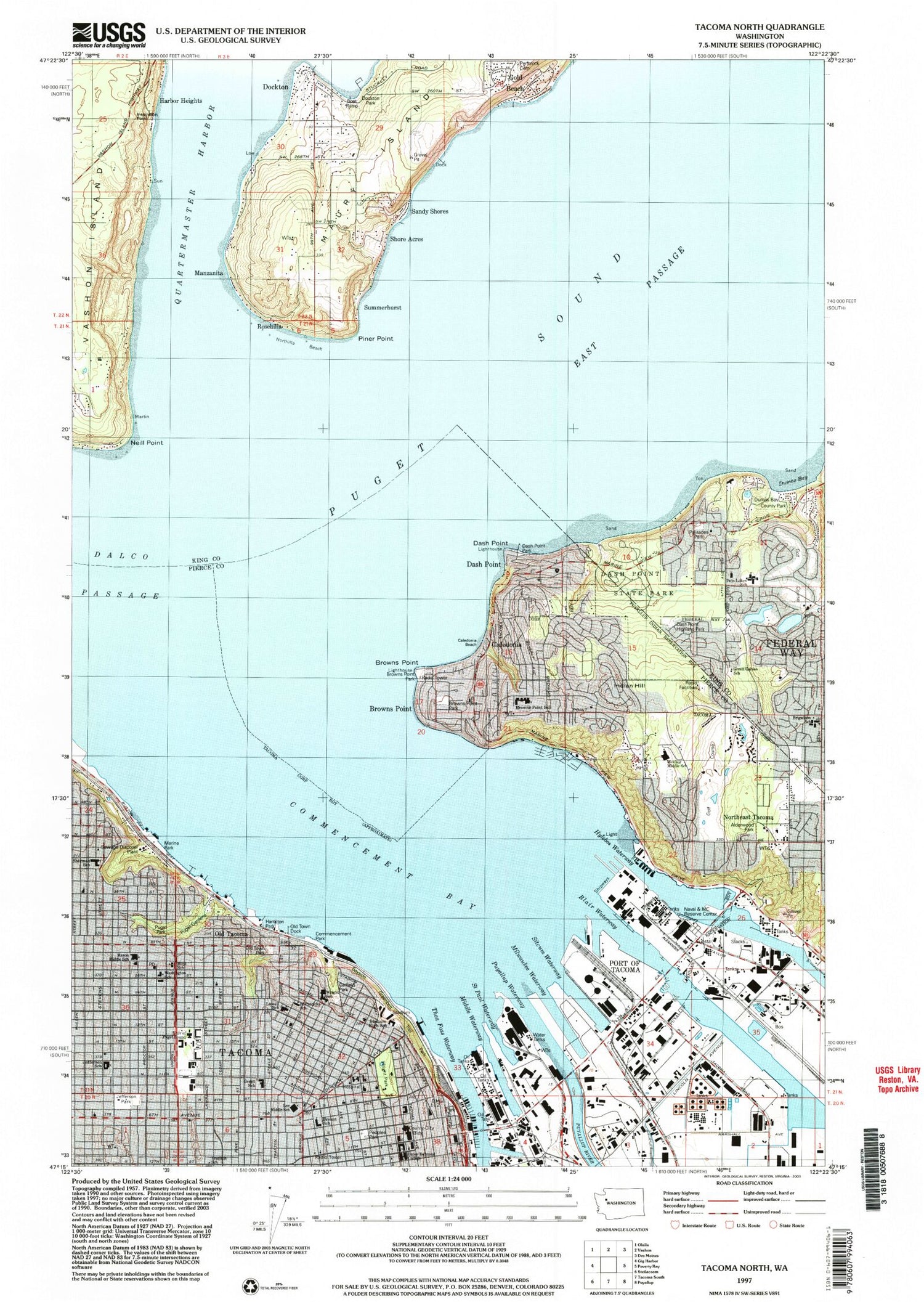 Classic USGS Tacoma North Washington 7.5'x7.5' Topo Map Image