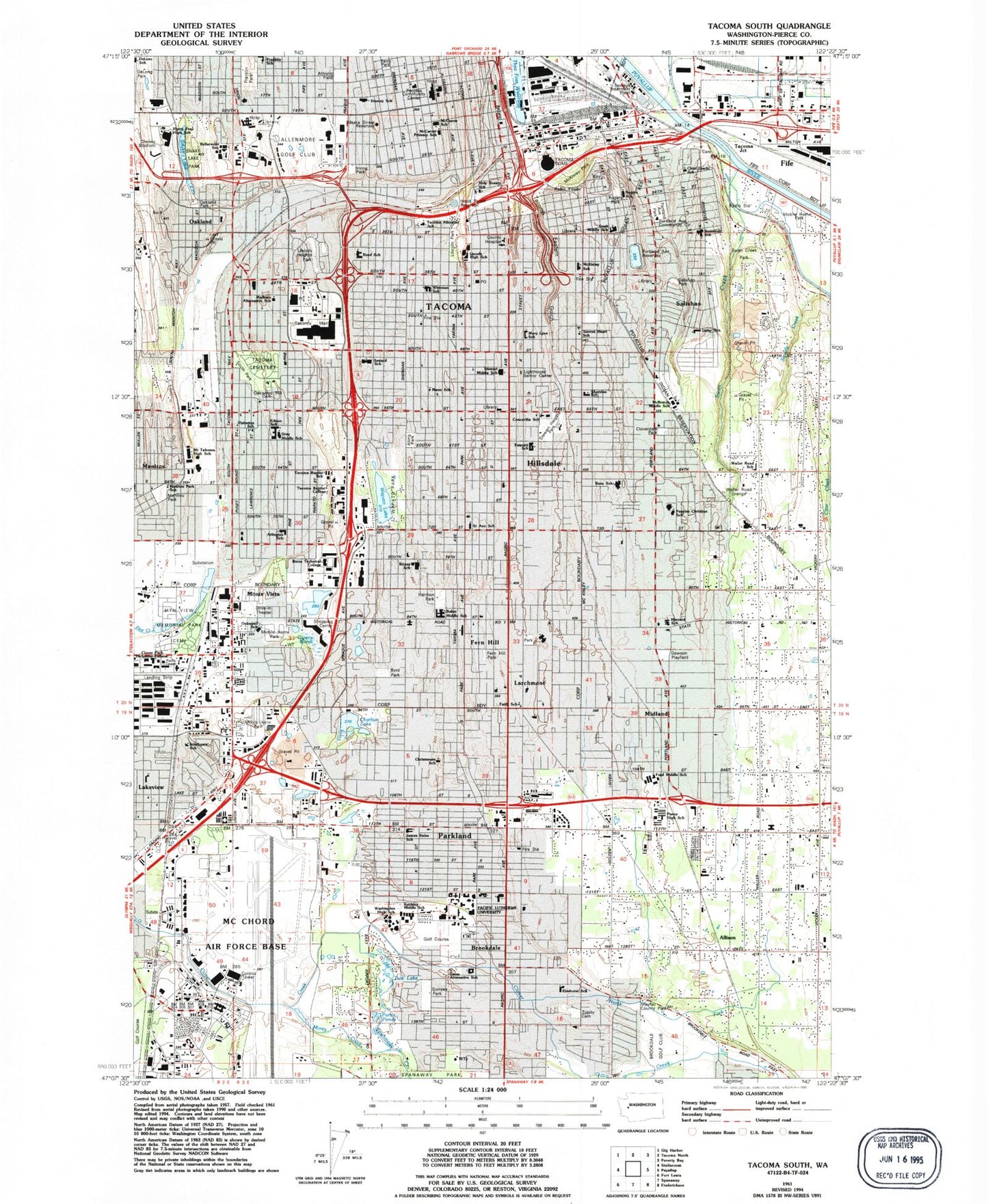 Classic USGS Tacoma South Washington 7.5'x7.5' Topo Map Image