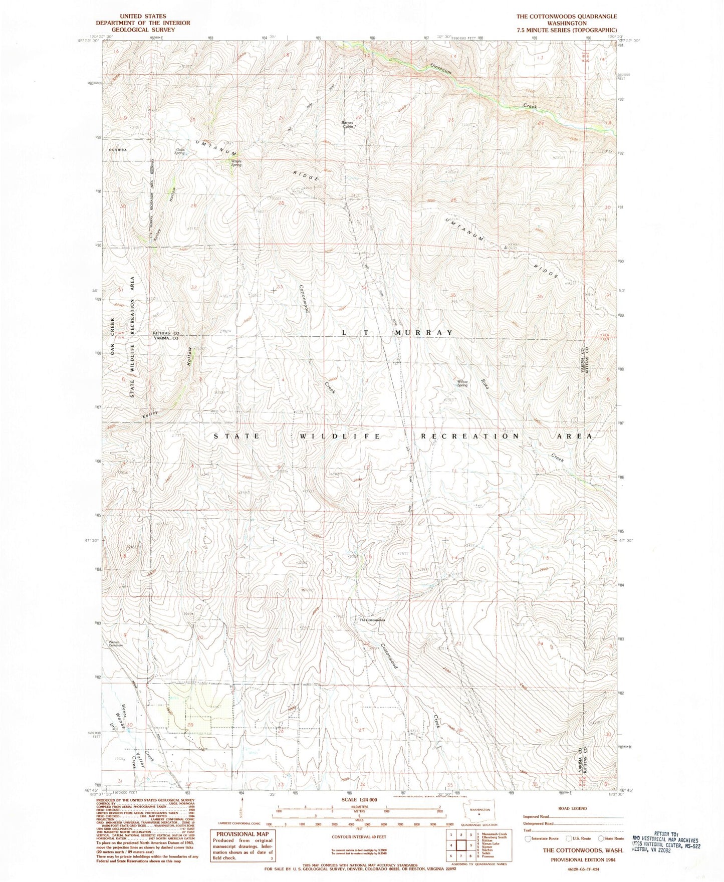 Classic USGS The Cottonwoods Washington 7.5'x7.5' Topo Map Image