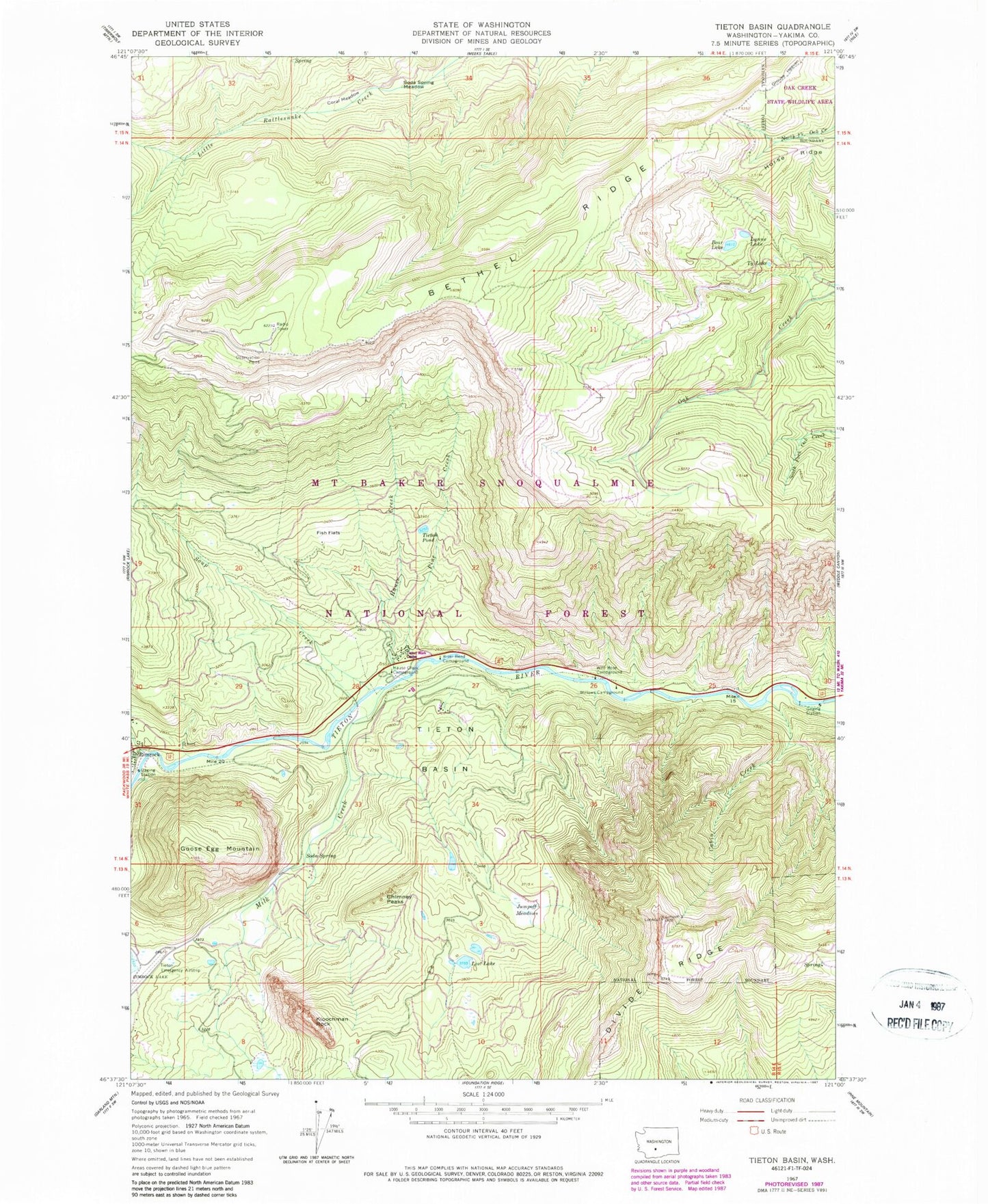 Classic USGS Tieton Basin Washington 7.5'x7.5' Topo Map Image