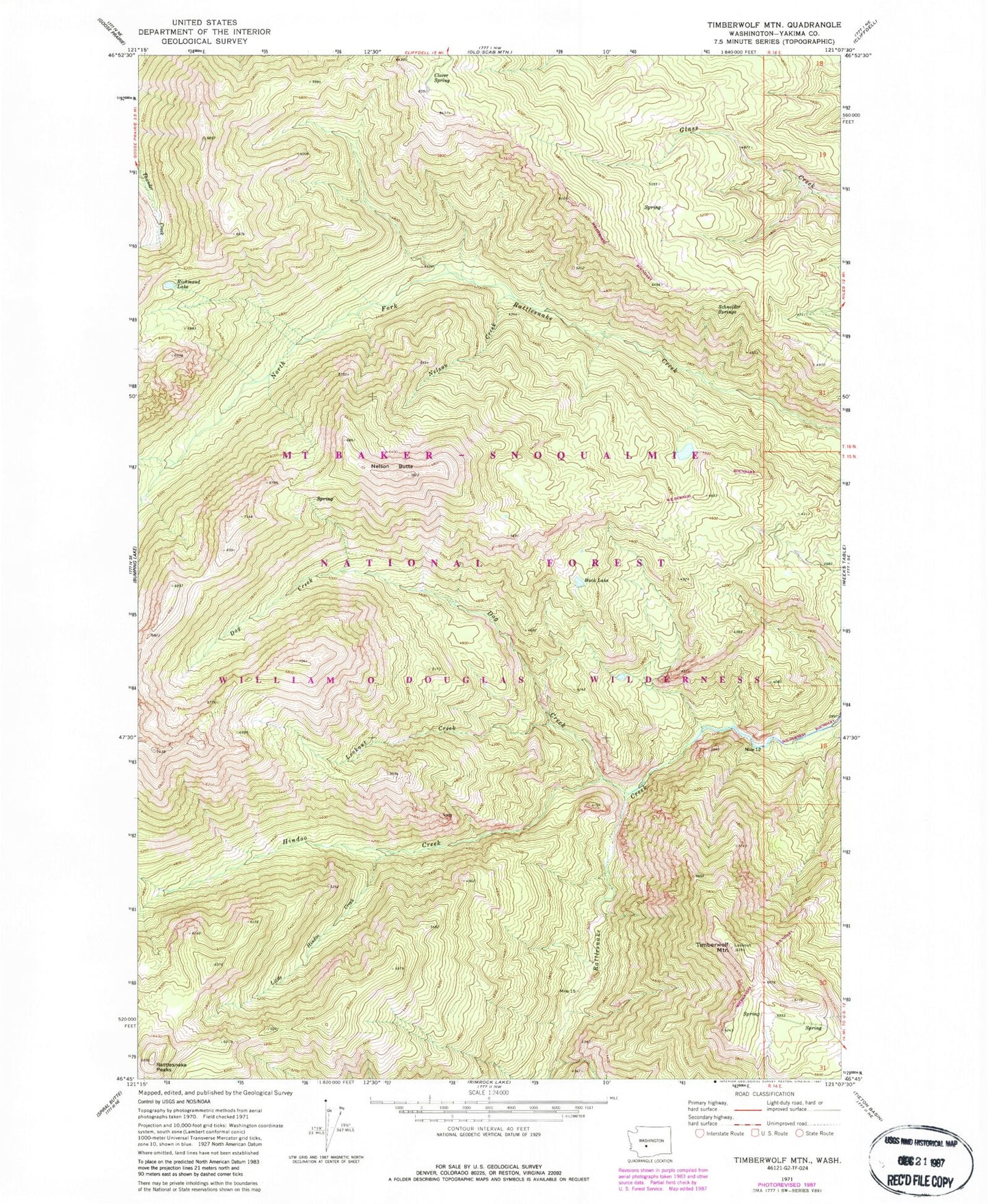 Classic USGS Timberwolf Mountain Washington 7.5'x7.5' Topo Map Image
