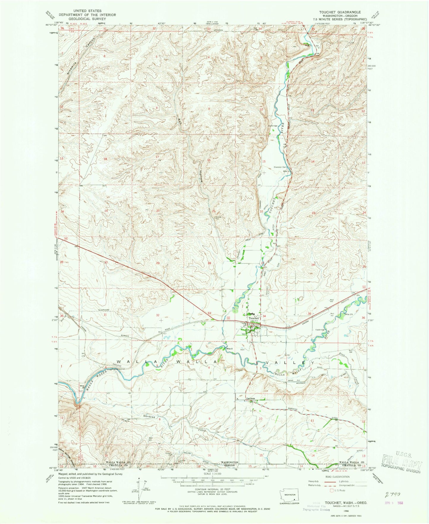 Classic USGS Touchet Washington 7.5'x7.5' Topo Map Image