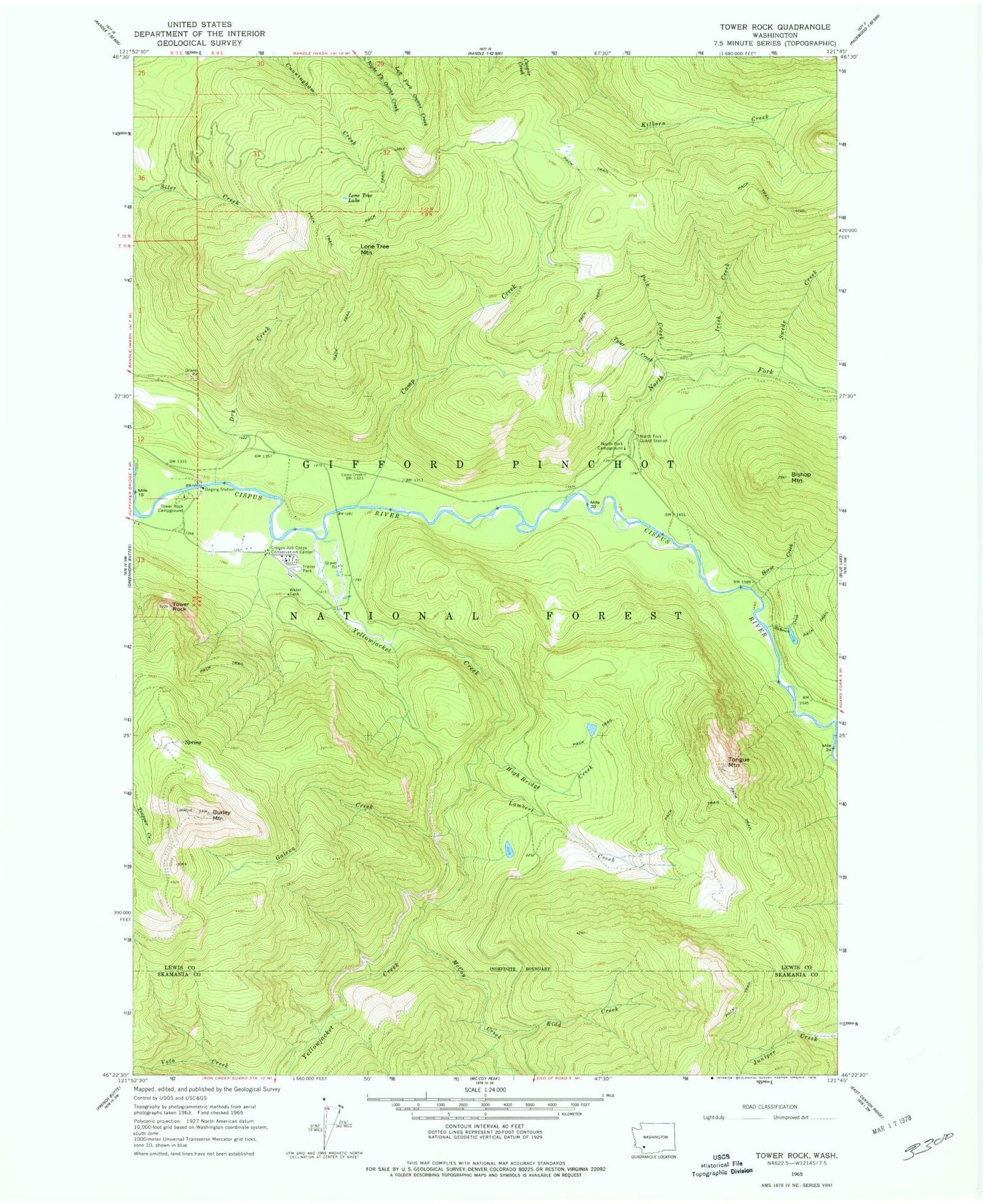 Classic USGS Tower Rock Washington 7.5'x7.5' Topo Map Image
