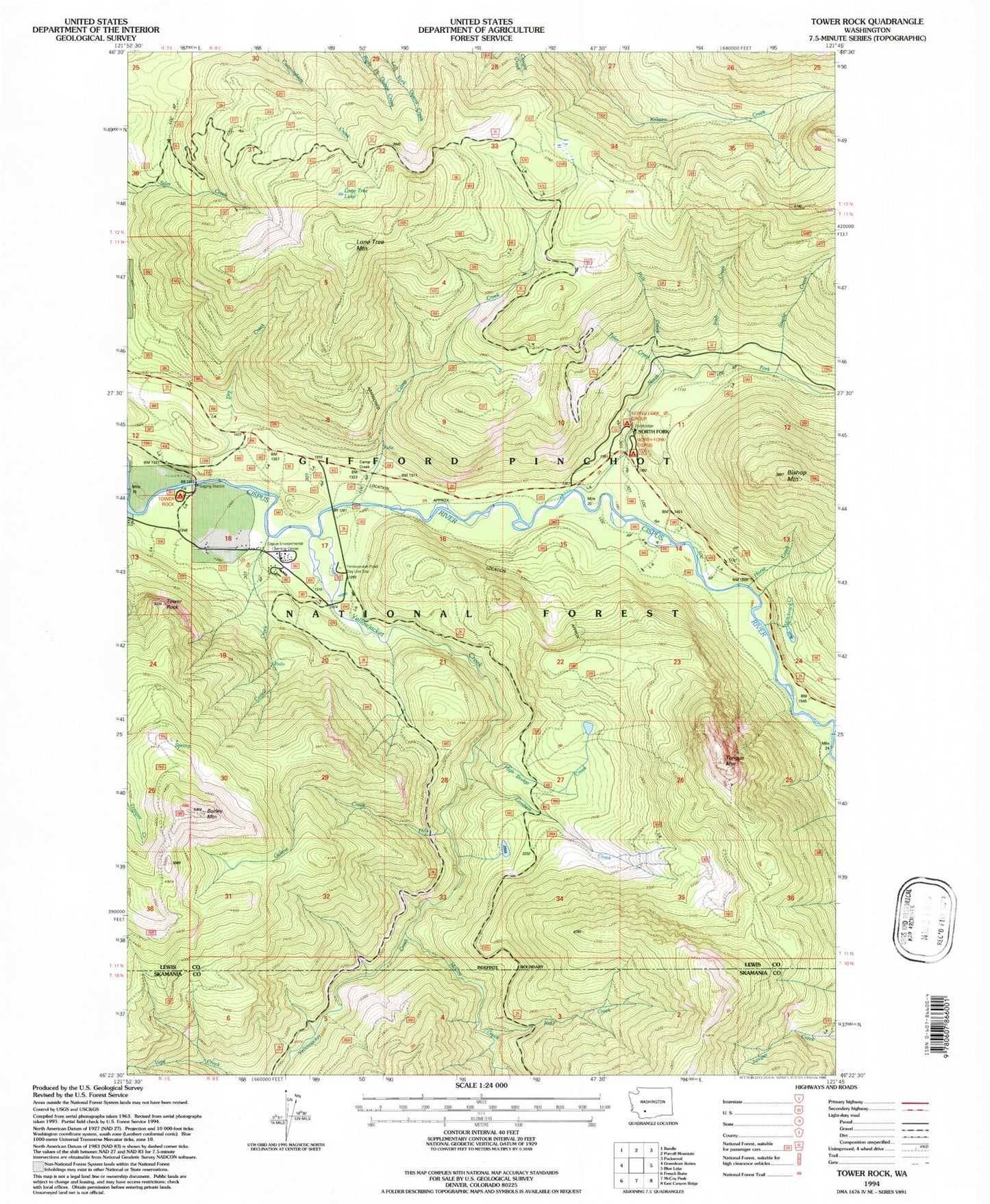 Classic USGS Tower Rock Washington 7.5'x7.5' Topo Map Image