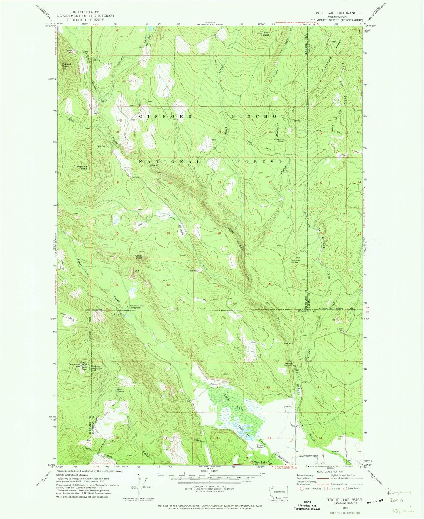 Classic USGS Trout Lake Washington 7.5'x7.5' Topo Map Image