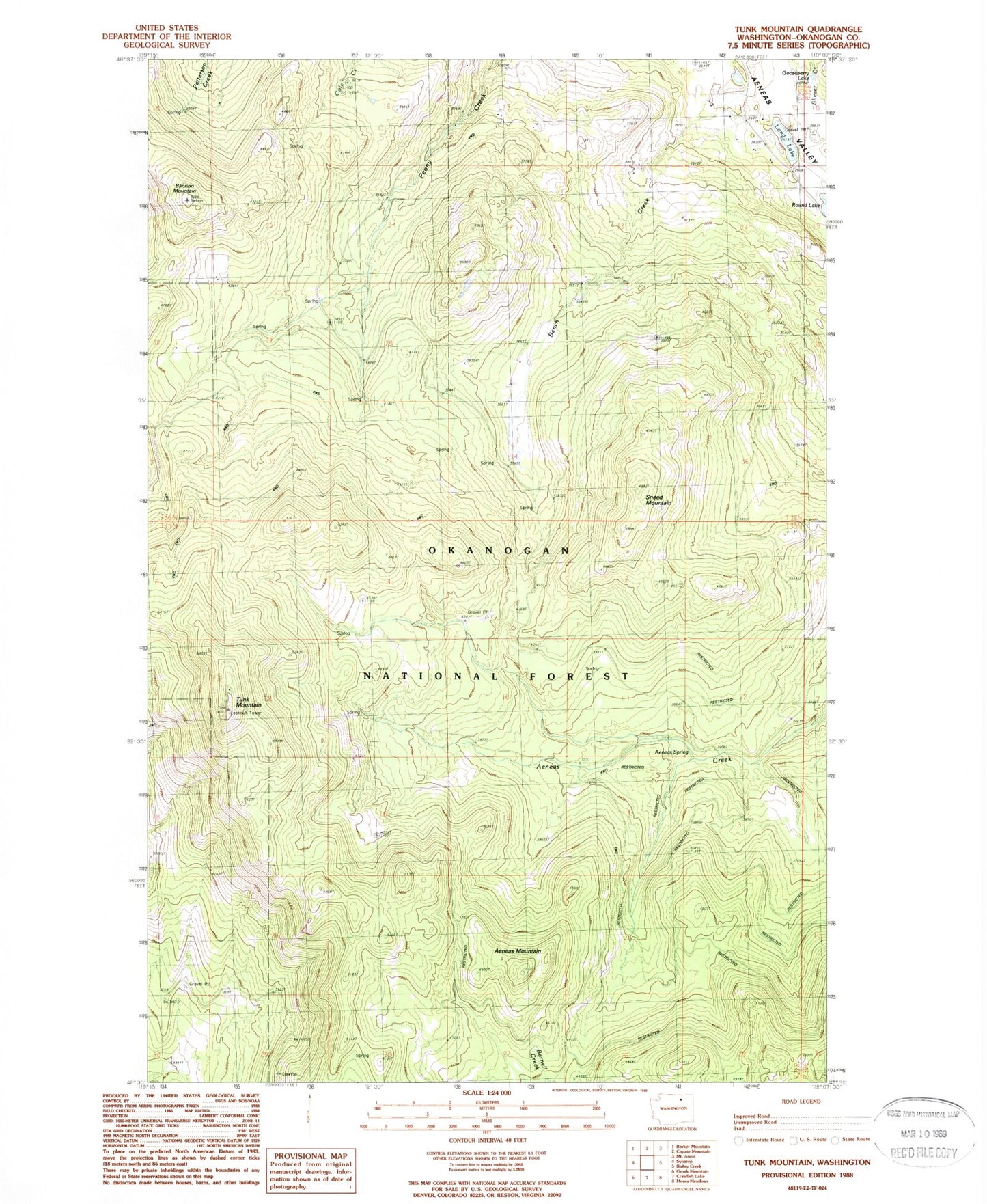 Classic USGS Tunk Mountain Washington 7.5'x7.5' Topo Map Image