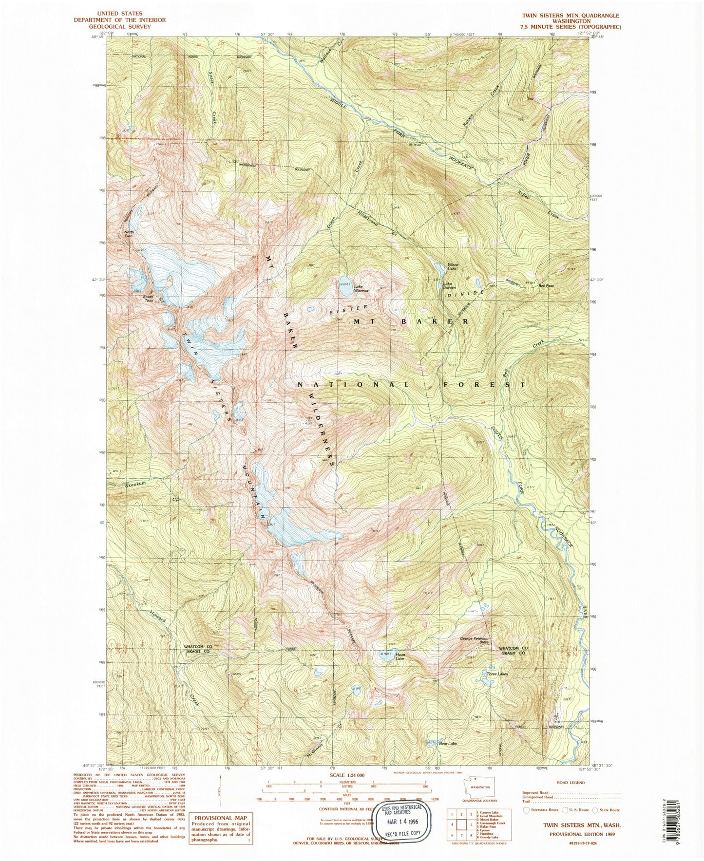 Classic USGS Twin Sisters Mountain Washington 7.5'x7.5' Topo Map Image