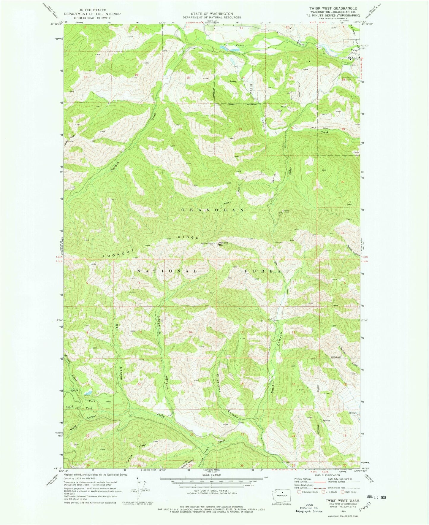 Classic USGS Twisp West Washington 7.5'x7.5' Topo Map Image