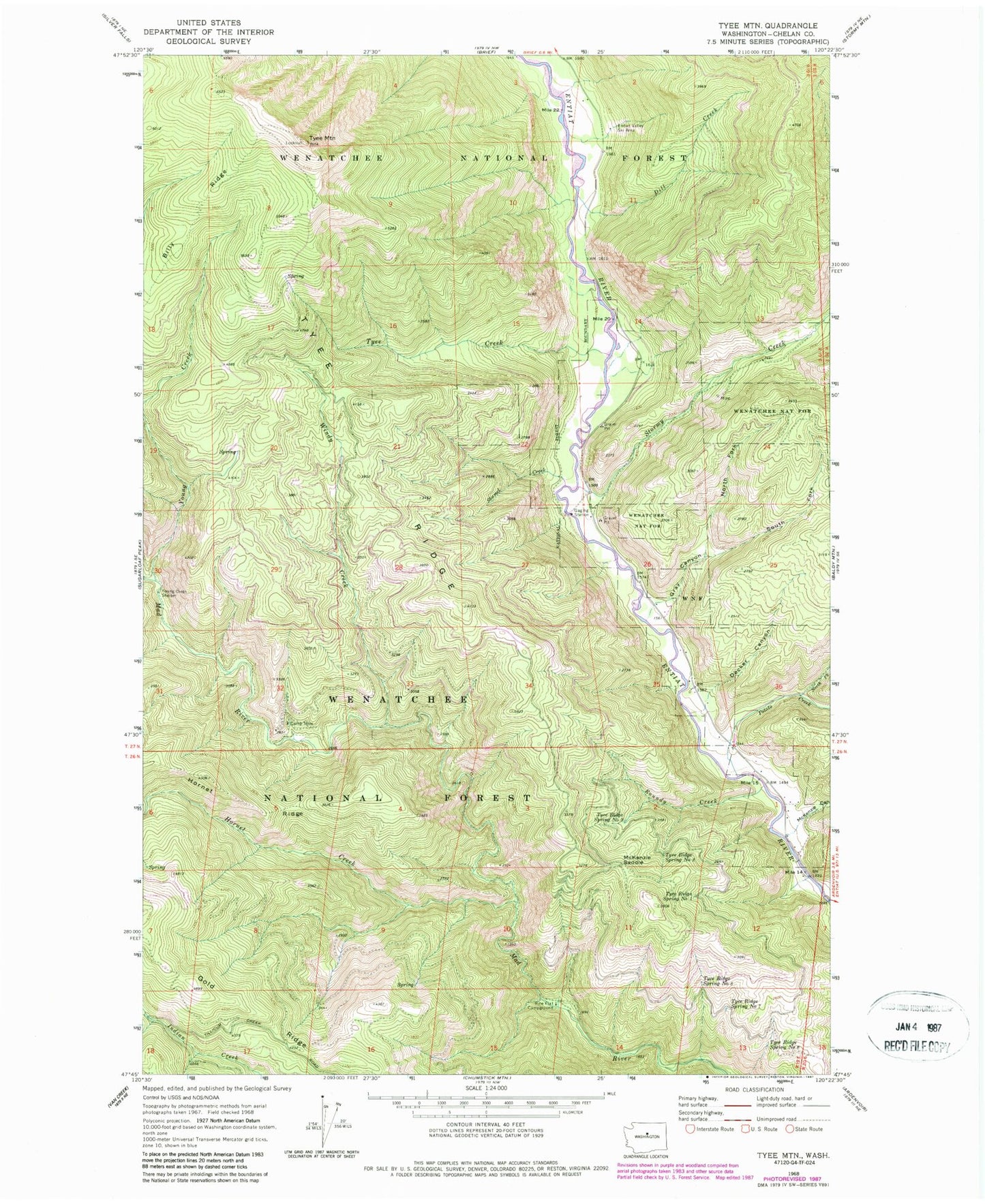 Classic USGS Tyee Mountain Washington 7.5'x7.5' Topo Map Image