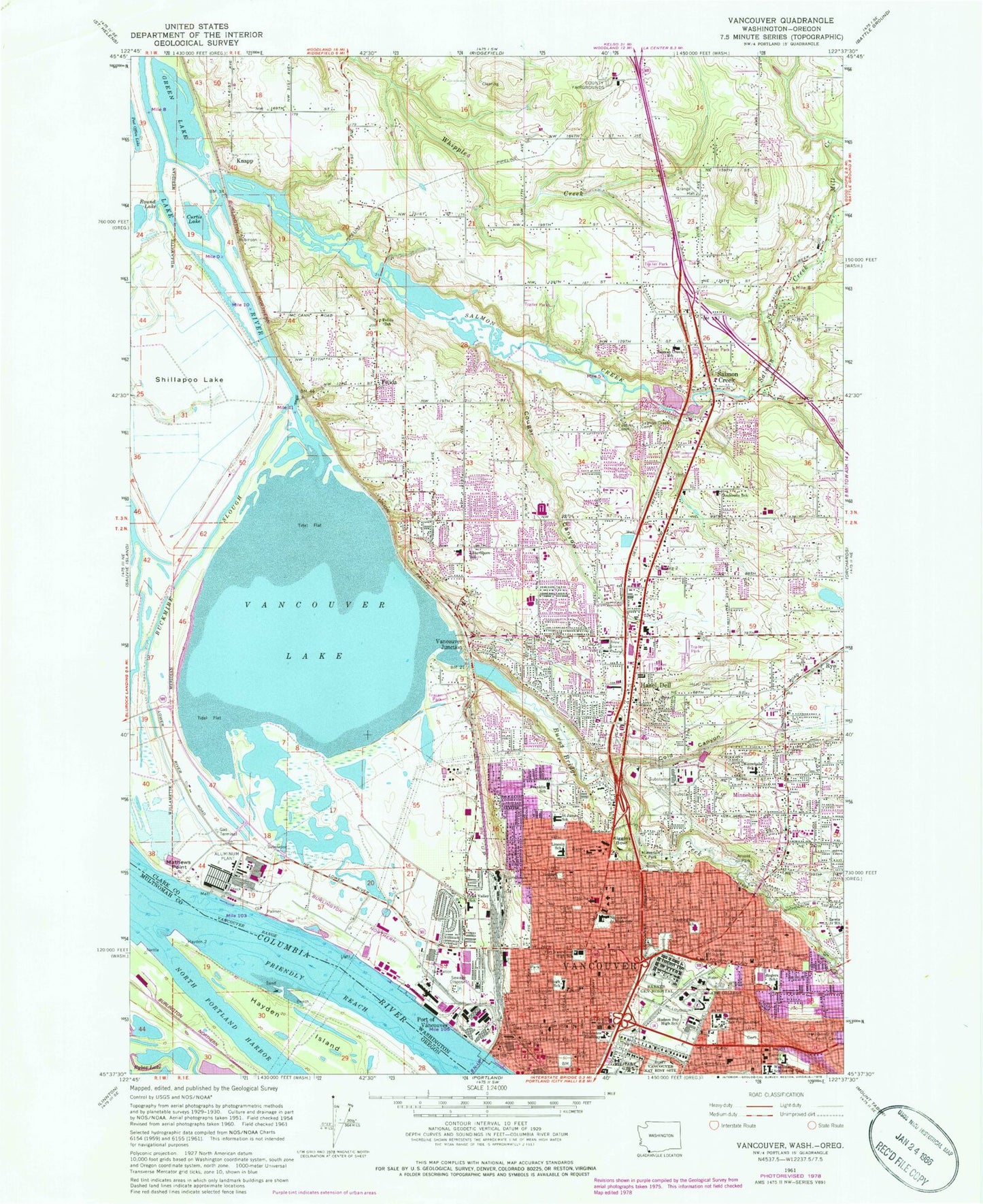 Classic USGS Vancouver Washington 7.5'x7.5' Topo Map Image