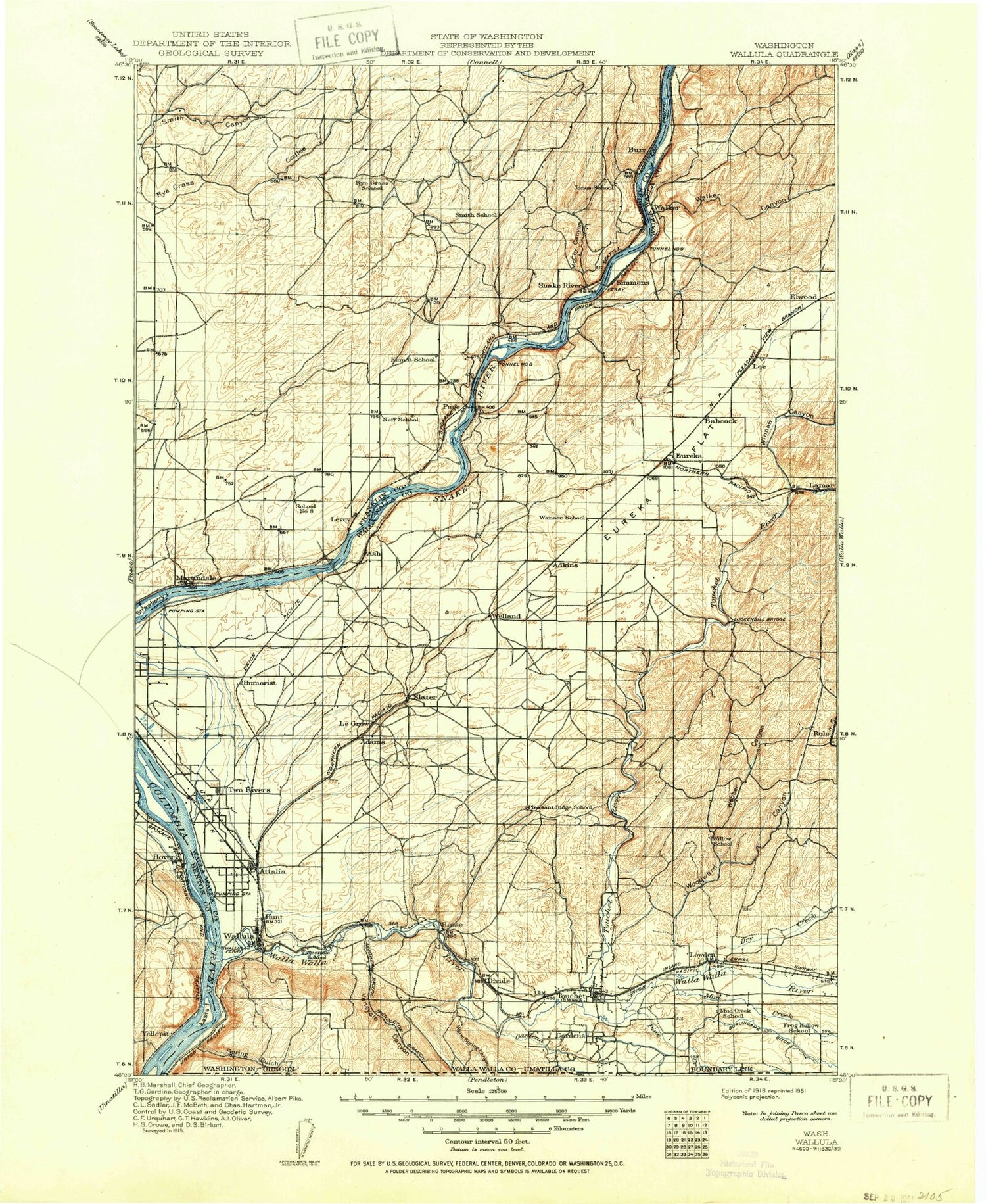 Historic 1918 Wall Ula Washington 30'x30' Topo Map Image