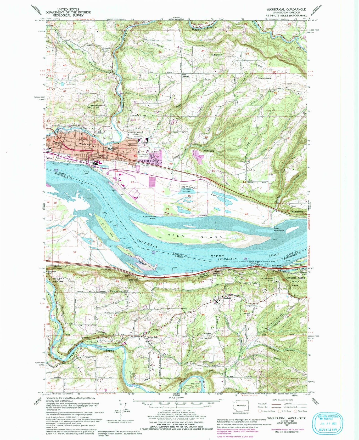 Classic USGS Washougal Washington 7.5'x7.5' Topo Map Image
