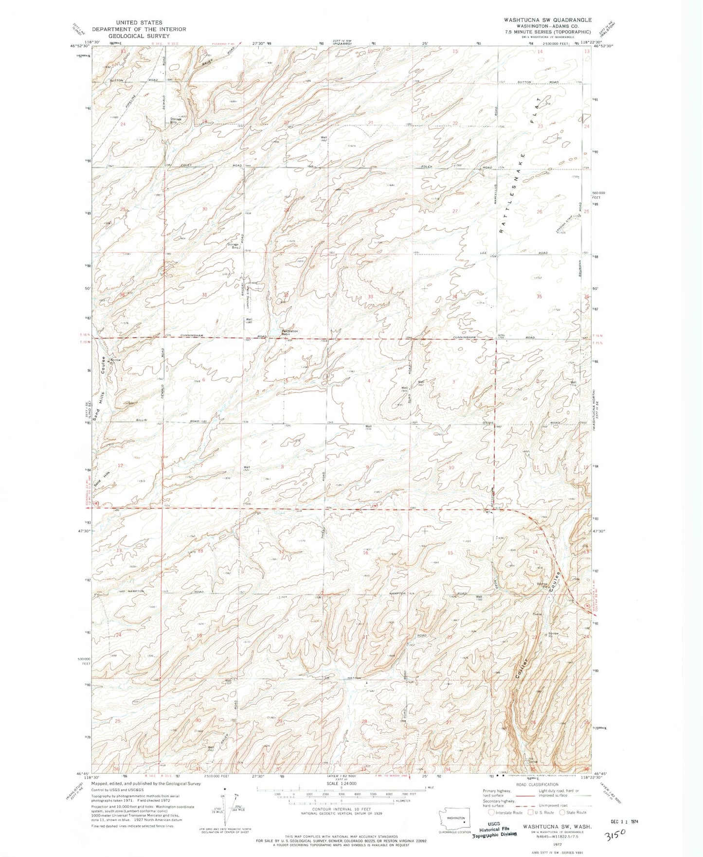 Classic USGS West of Washtucna Washington 7.5'x7.5' Topo Map Image
