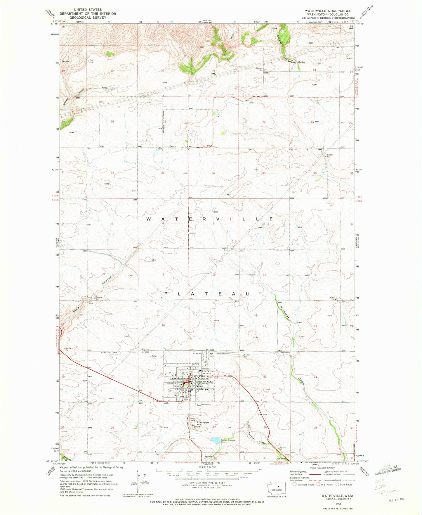 Classic USGS Waterville Washington 7.5'x7.5' Topo Map Image