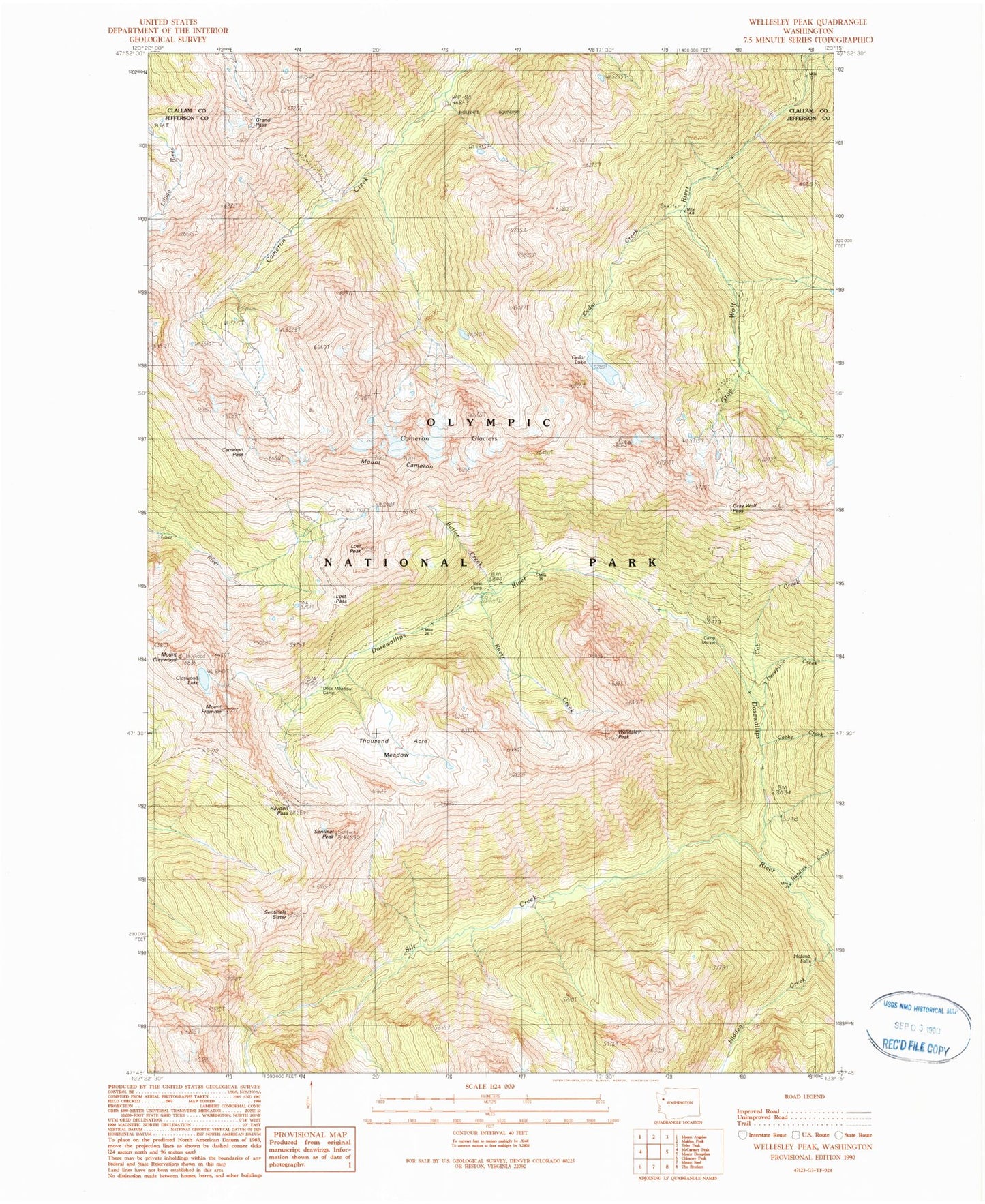 Classic USGS Wellesley Peak Washington 7.5'x7.5' Topo Map Image