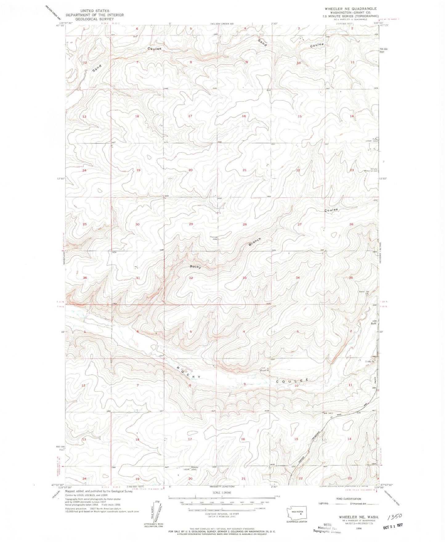 Classic USGS Wheeler NE Washington 7.5'x7.5' Topo Map Image