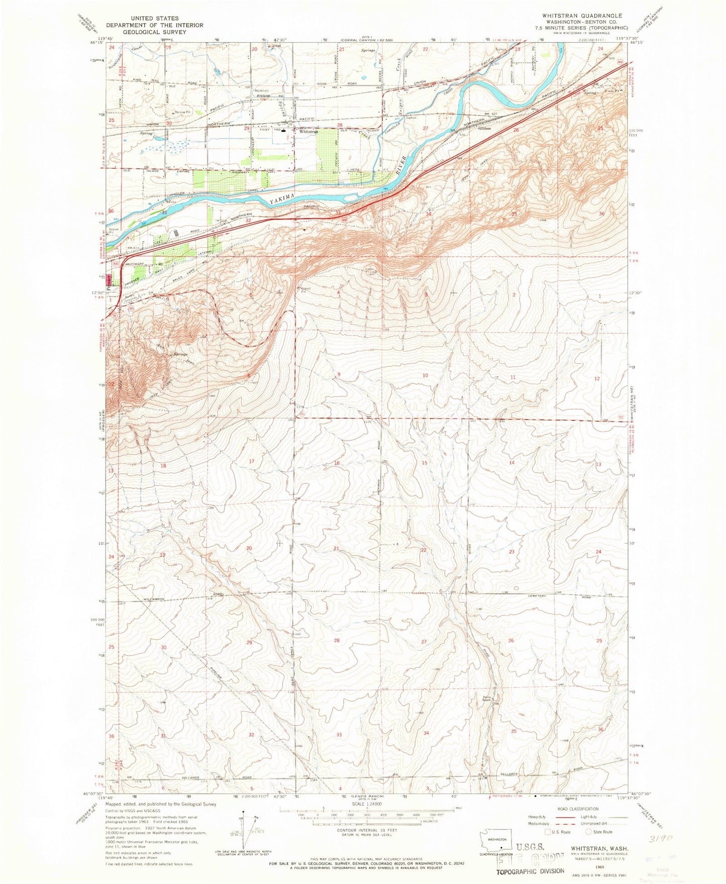 Classic USGS Whitstran Washington 7.5'x7.5' Topo Map Image