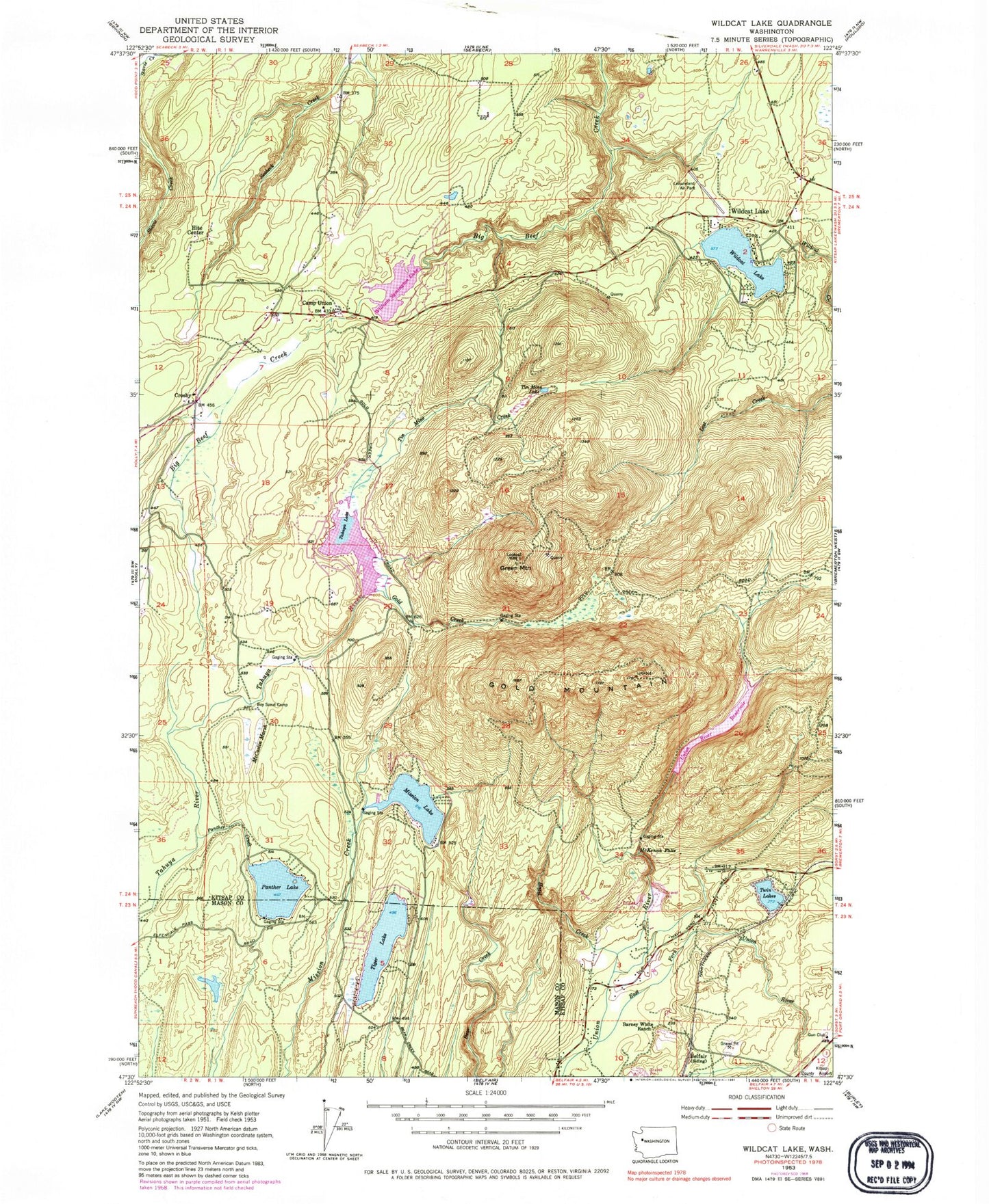 Classic USGS Wildcat Lake Washington 7.5'x7.5' Topo Map Image