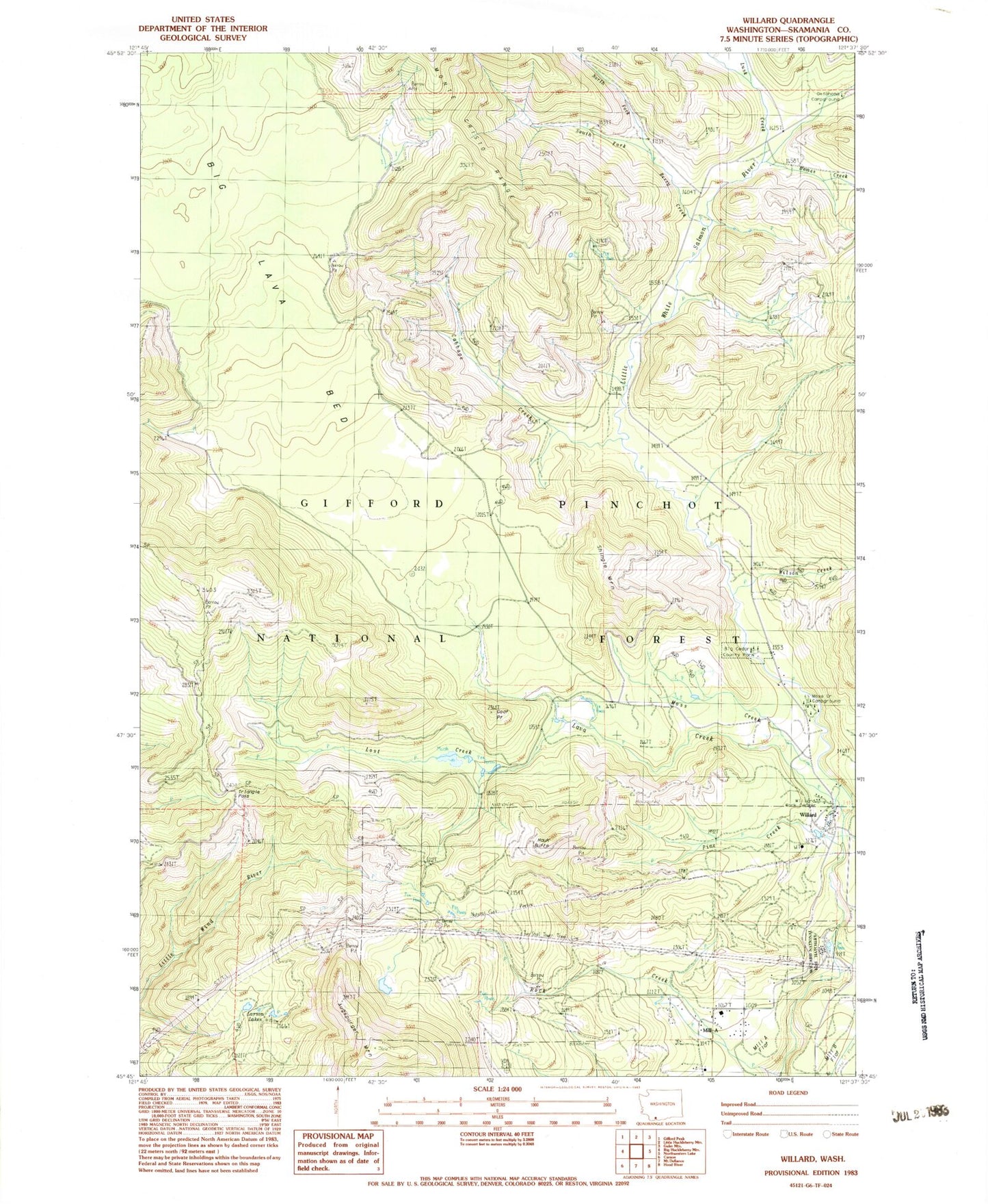 Classic USGS Willard Washington 7.5'x7.5' Topo Map Image
