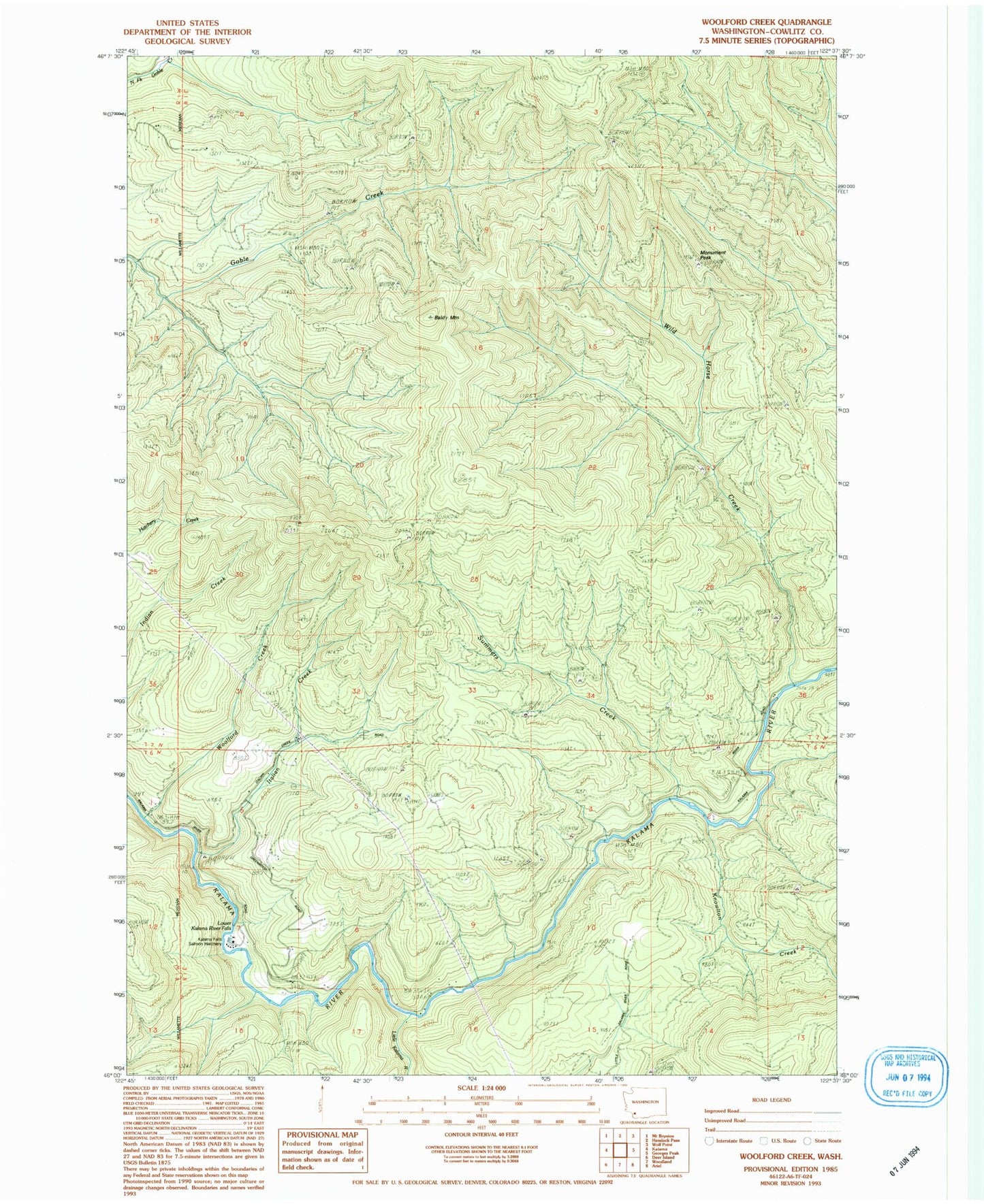 Classic USGS Woolford Creek Washington 7.5'x7.5' Topo Map Image