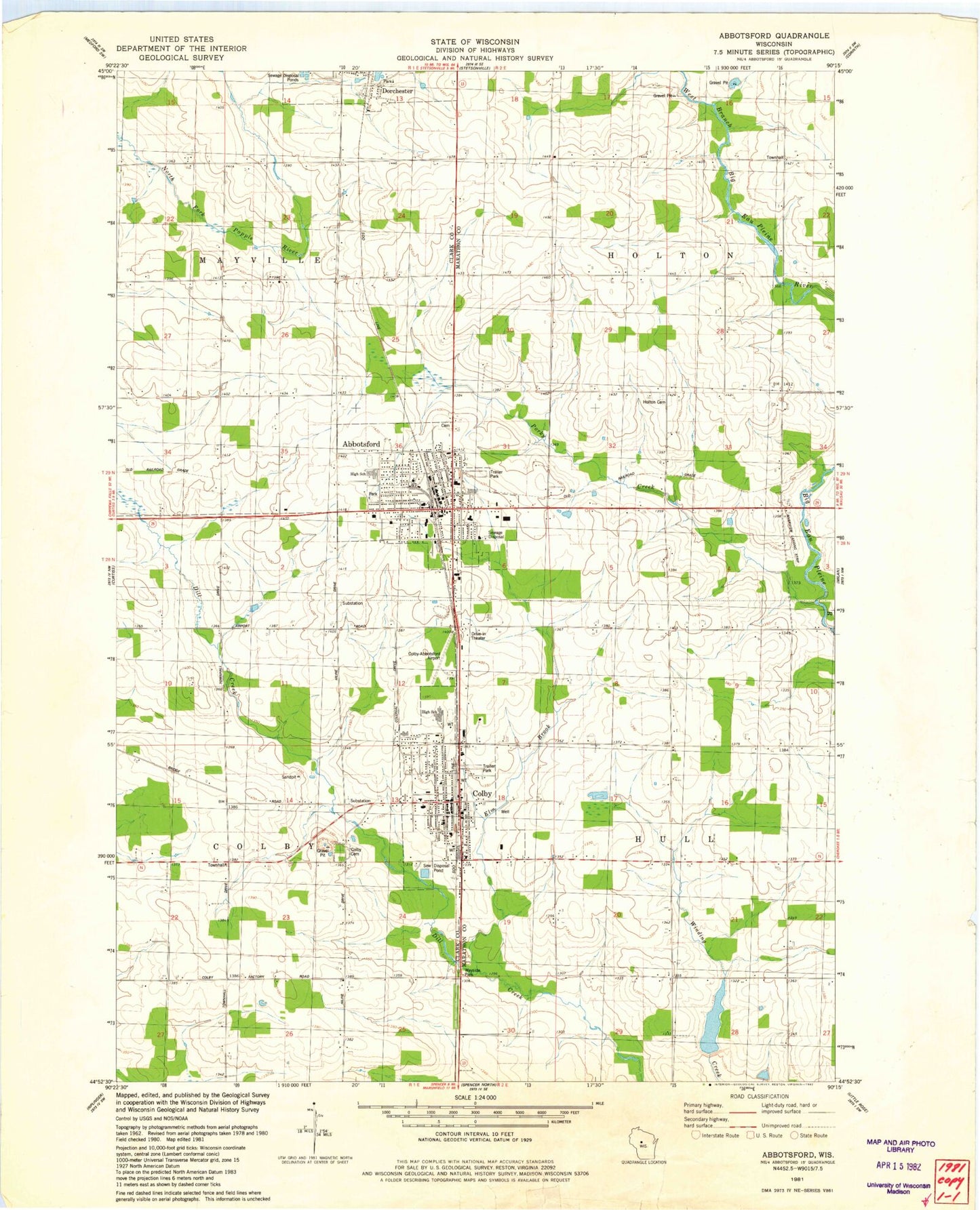 Classic USGS Abbotsford Wisconsin 7.5'x7.5' Topo Map Image