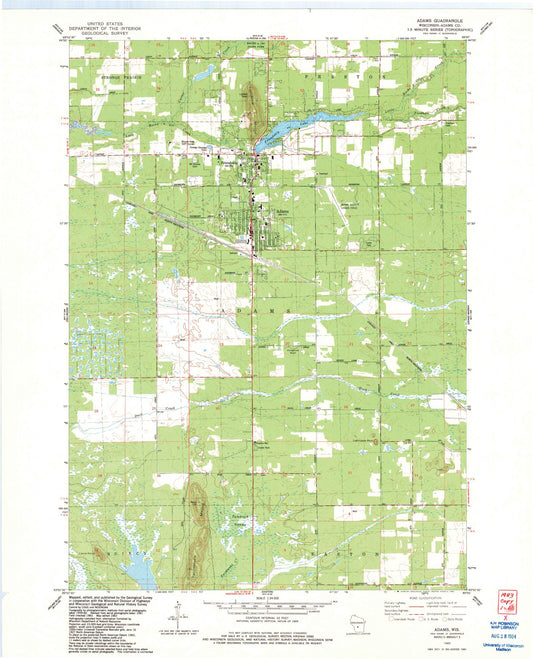 Classic USGS Adams Wisconsin 7.5'x7.5' Topo Map Image