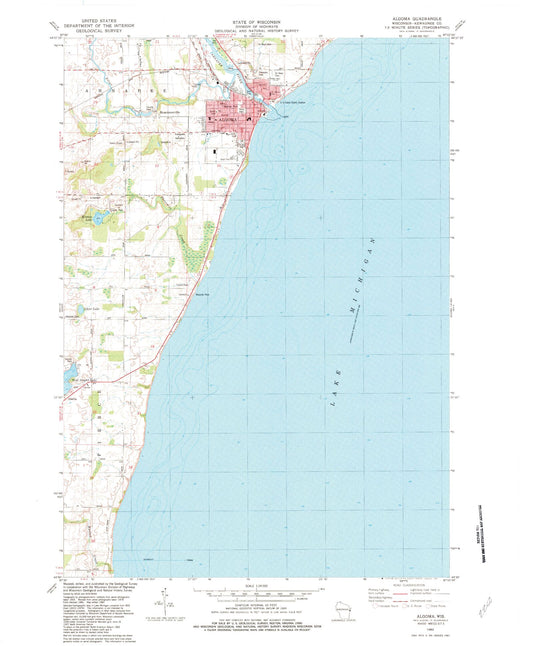 Classic USGS Algoma Wisconsin 7.5'x7.5' Topo Map Image