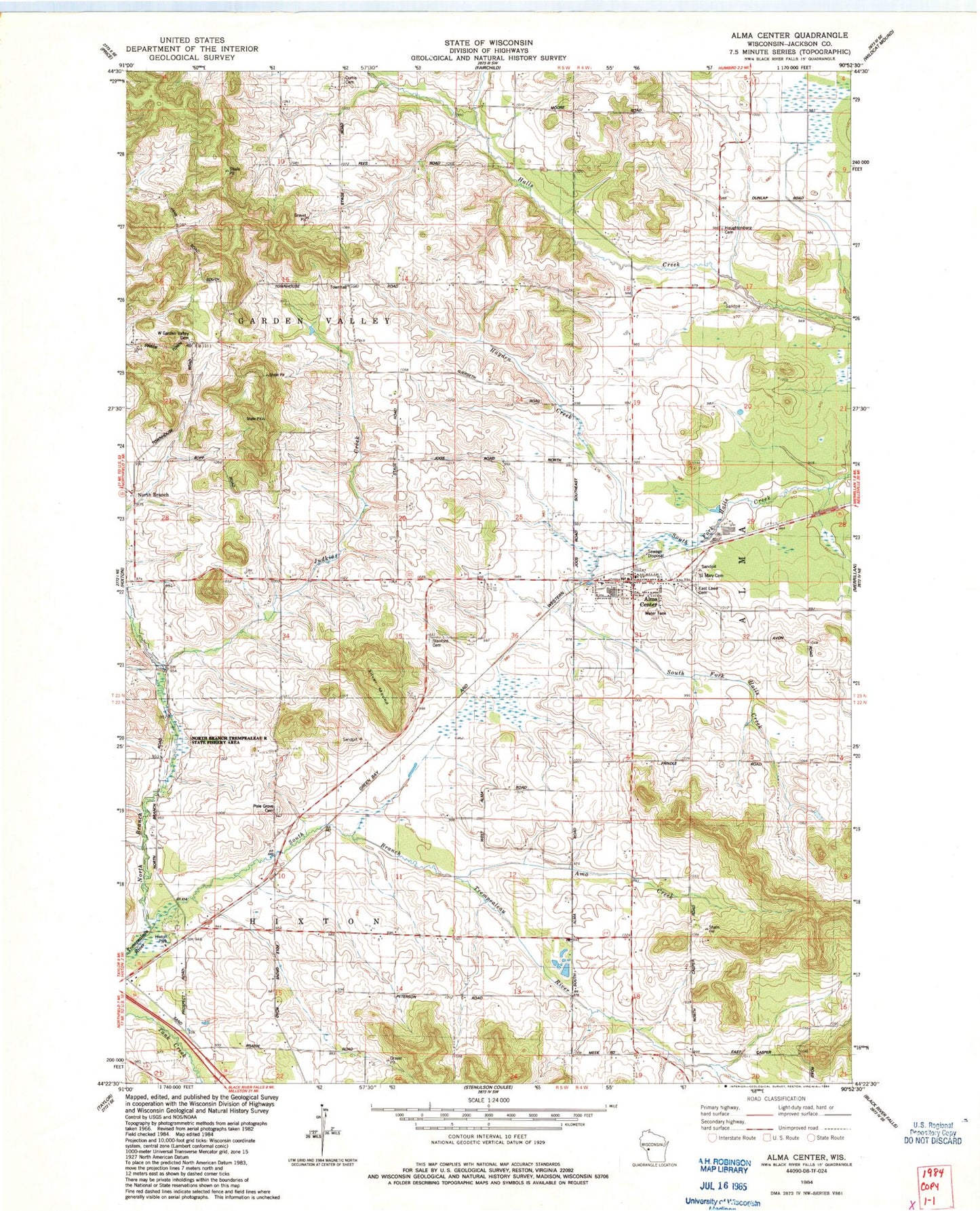 Classic USGS Alma Center Wisconsin 7.5'x7.5' Topo Map Image