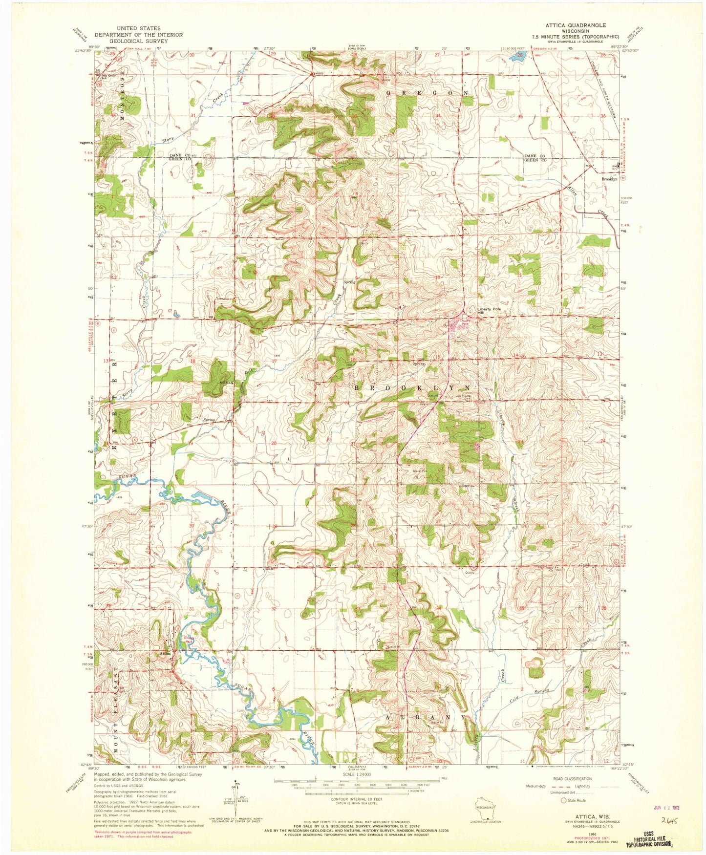 Classic USGS Attica Wisconsin 7.5'x7.5' Topo Map Image