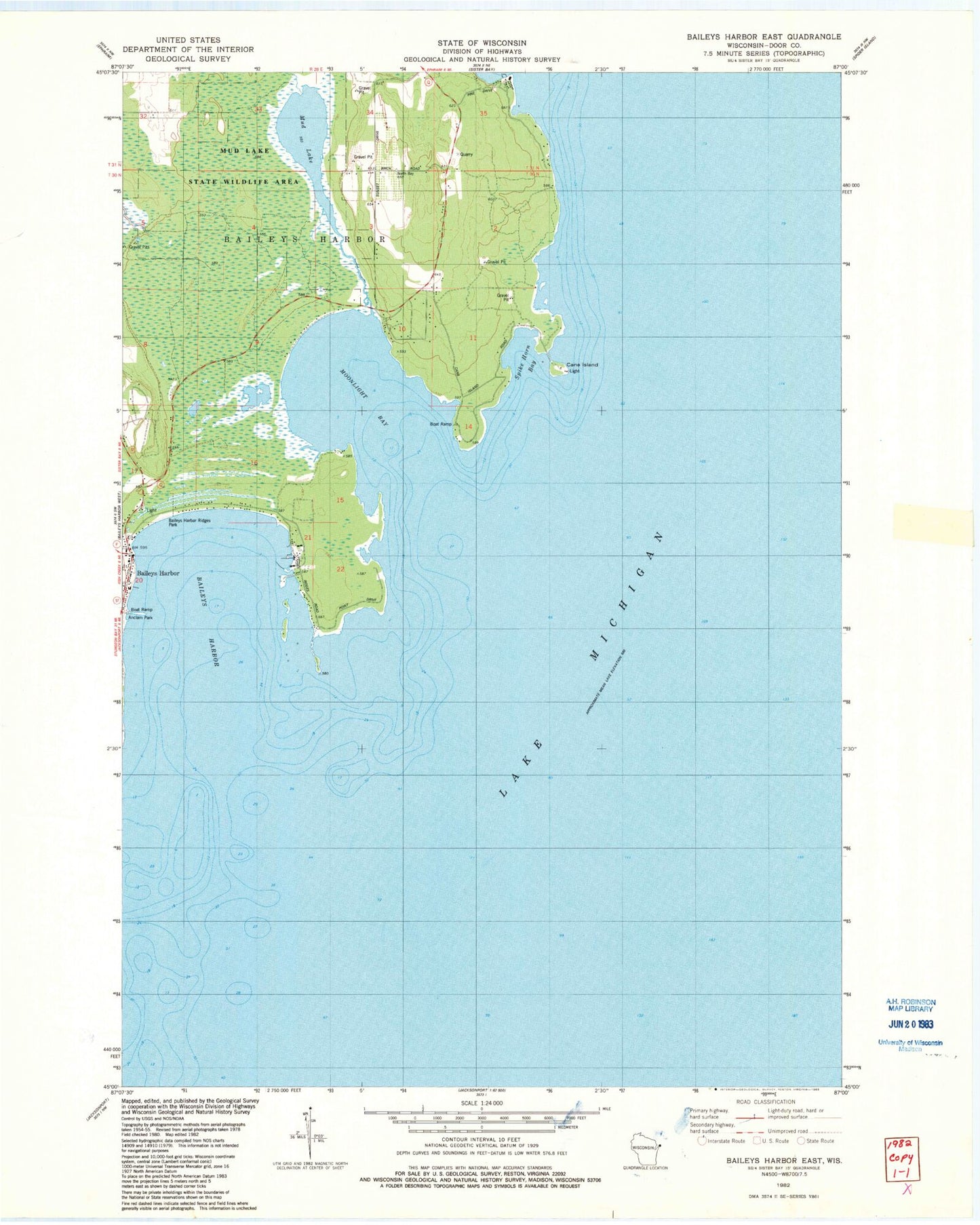 Classic USGS Baileys Harbor East Wisconsin 7.5'x7.5' Topo Map Image