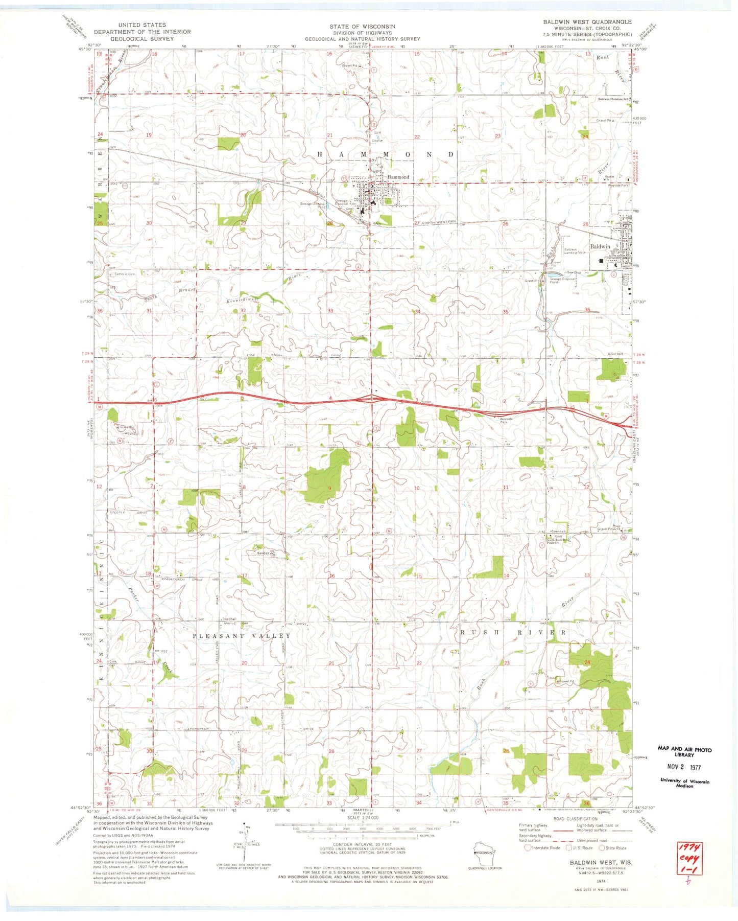 Classic USGS Baldwin West Wisconsin 7.5'x7.5' Topo Map Image