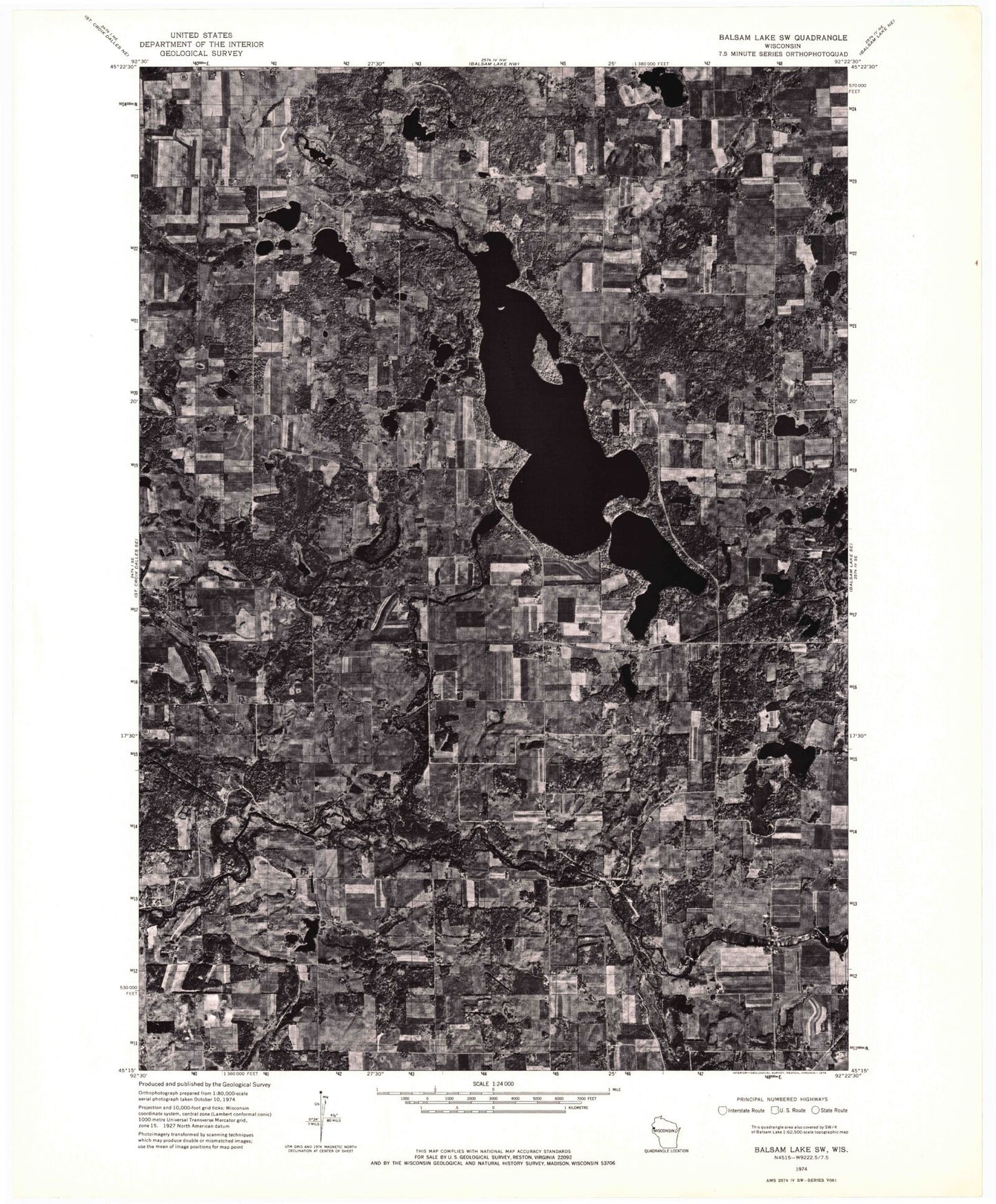 Classic USGS Wapogasset Lake Wisconsin 7.5'x7.5' Topo Map Image