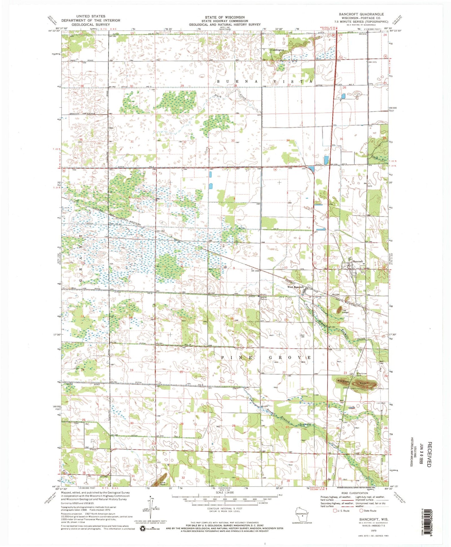 Classic USGS Bancroft Wisconsin 7.5'x7.5' Topo Map Image